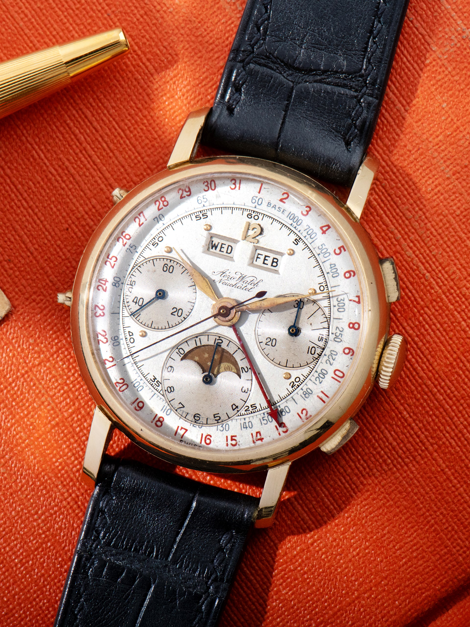 1950s Aero Watch Triple Calendar Moonphase Chronograph 18K YG 'Valjoux