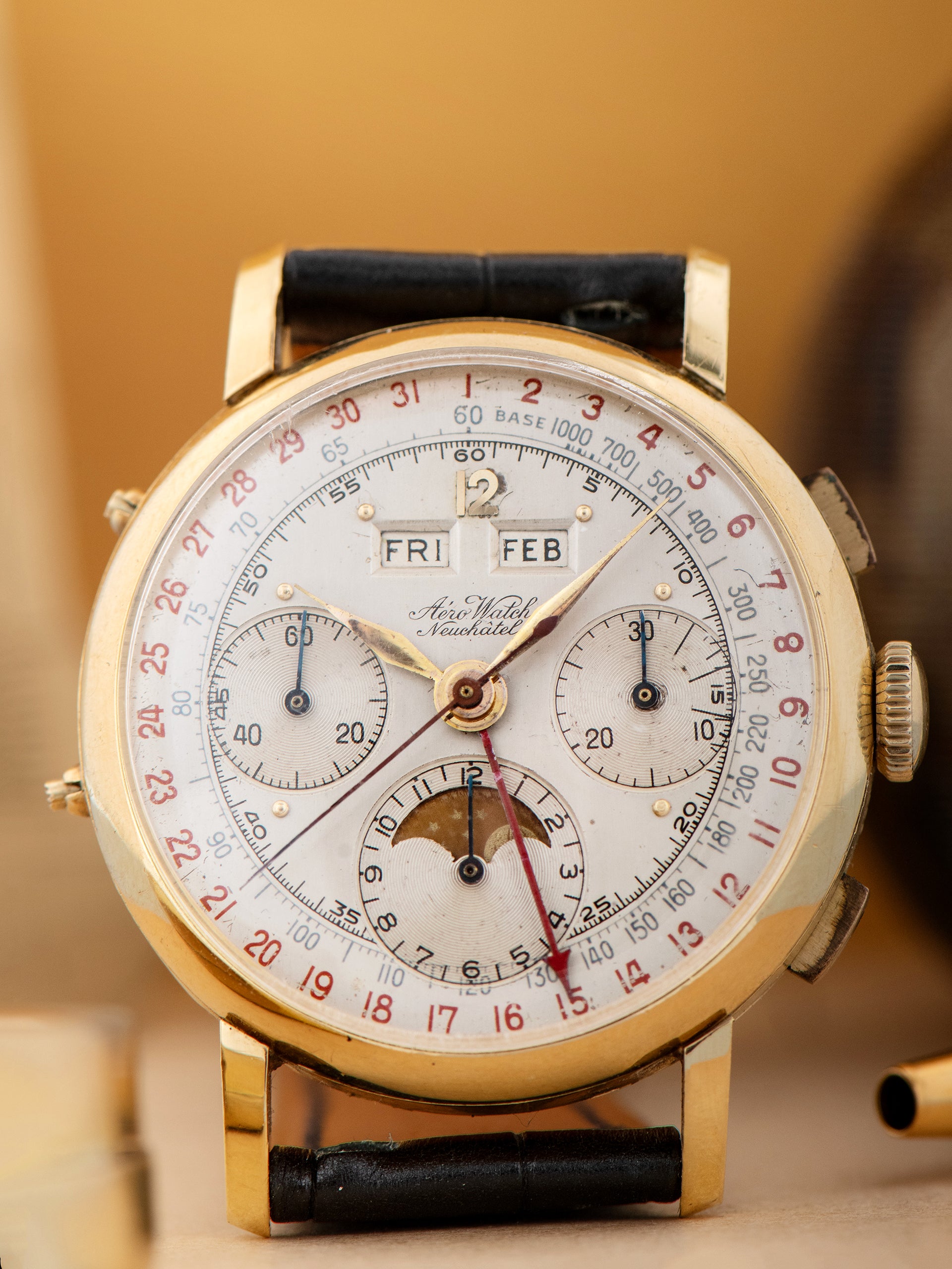 1950s Aero Watch Triple Calendar Moonphase Chronograph 18K YG 'Valjoux