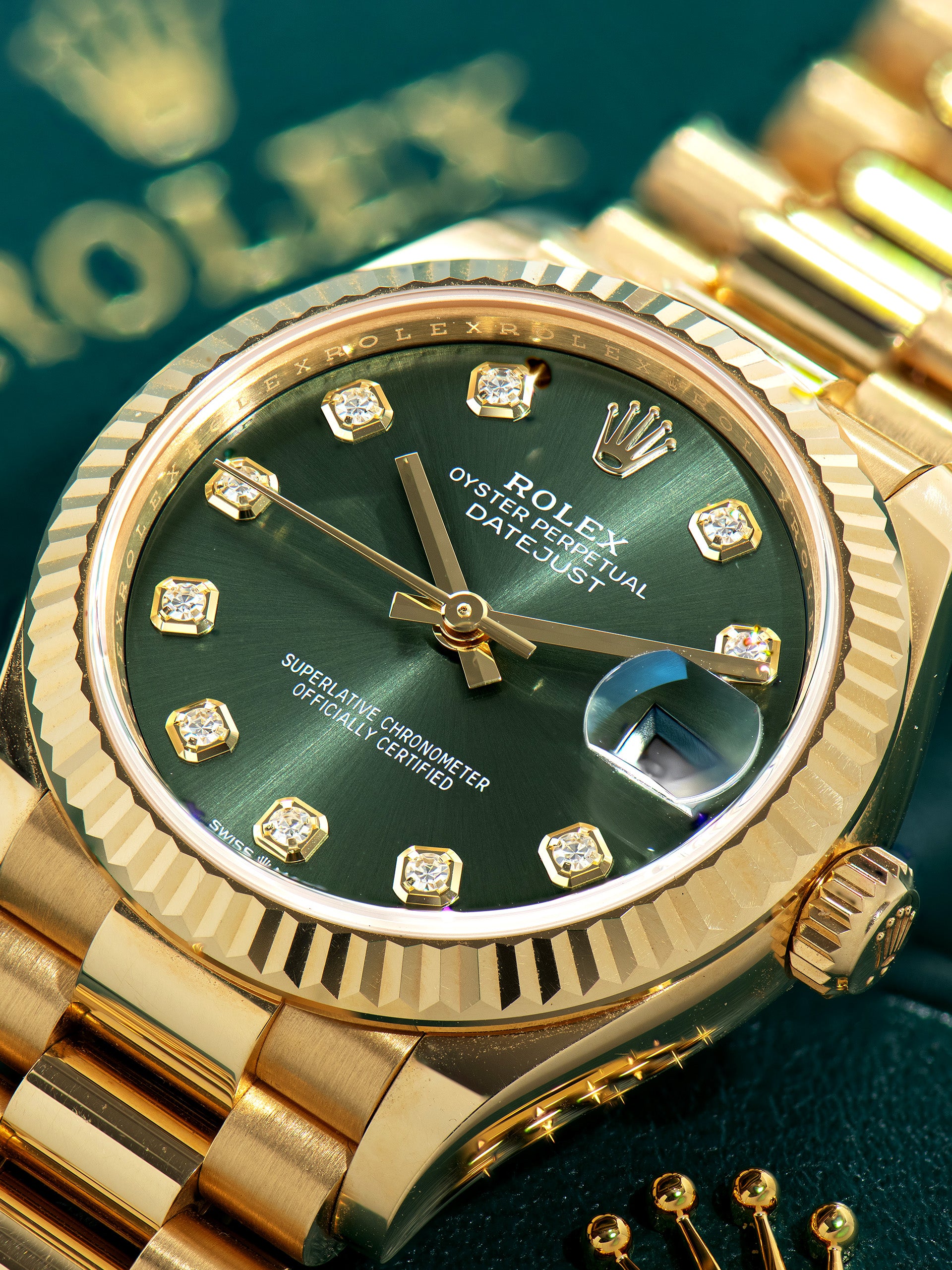 2024 Rolex Ladies Datejust 18K YG (Ref. 278278) Green Diamond Dial W/