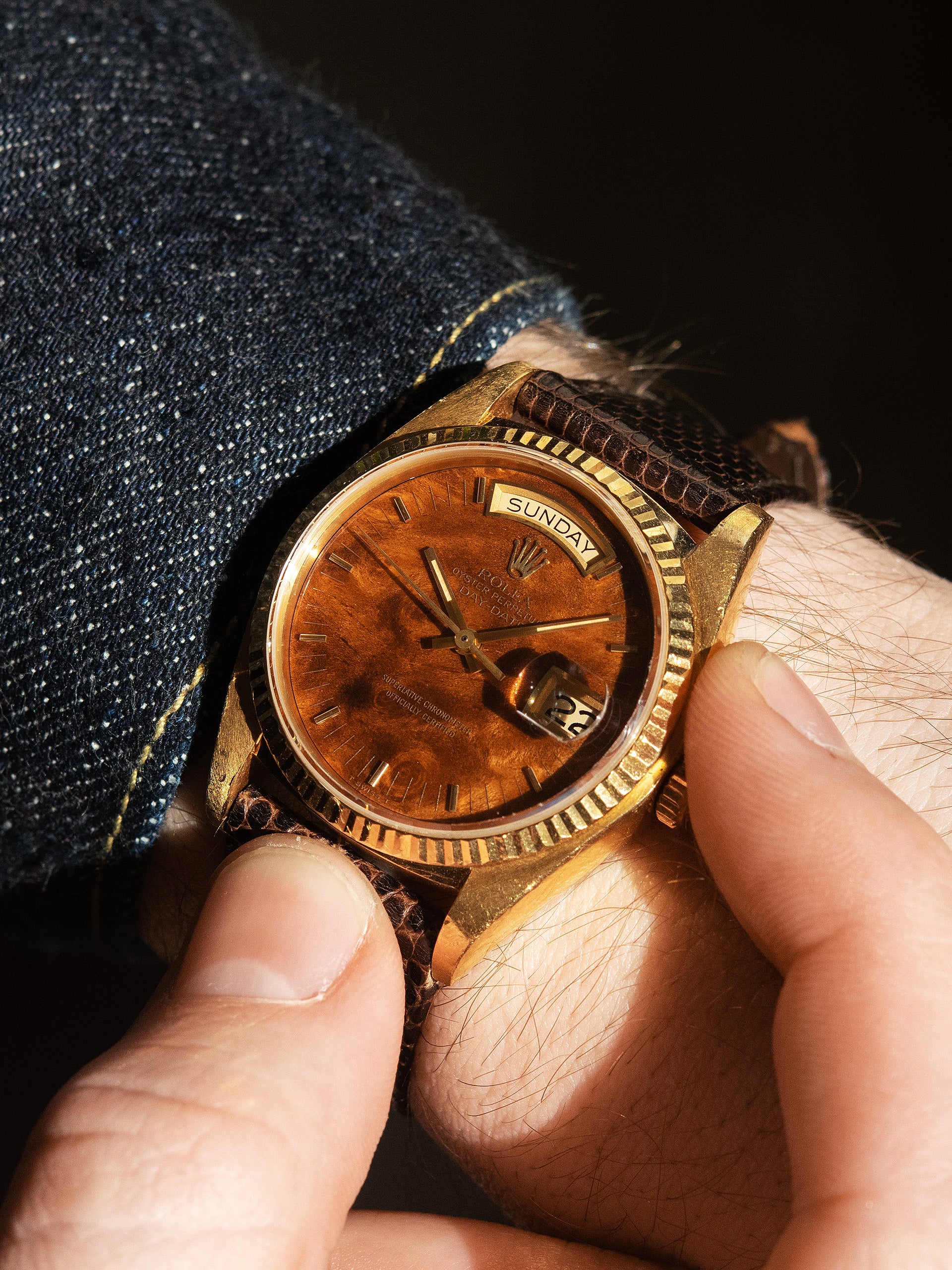 Unpolished* 1981 Rolex Day-Date 18K YG (Ref. 18038) Burlwood Dial