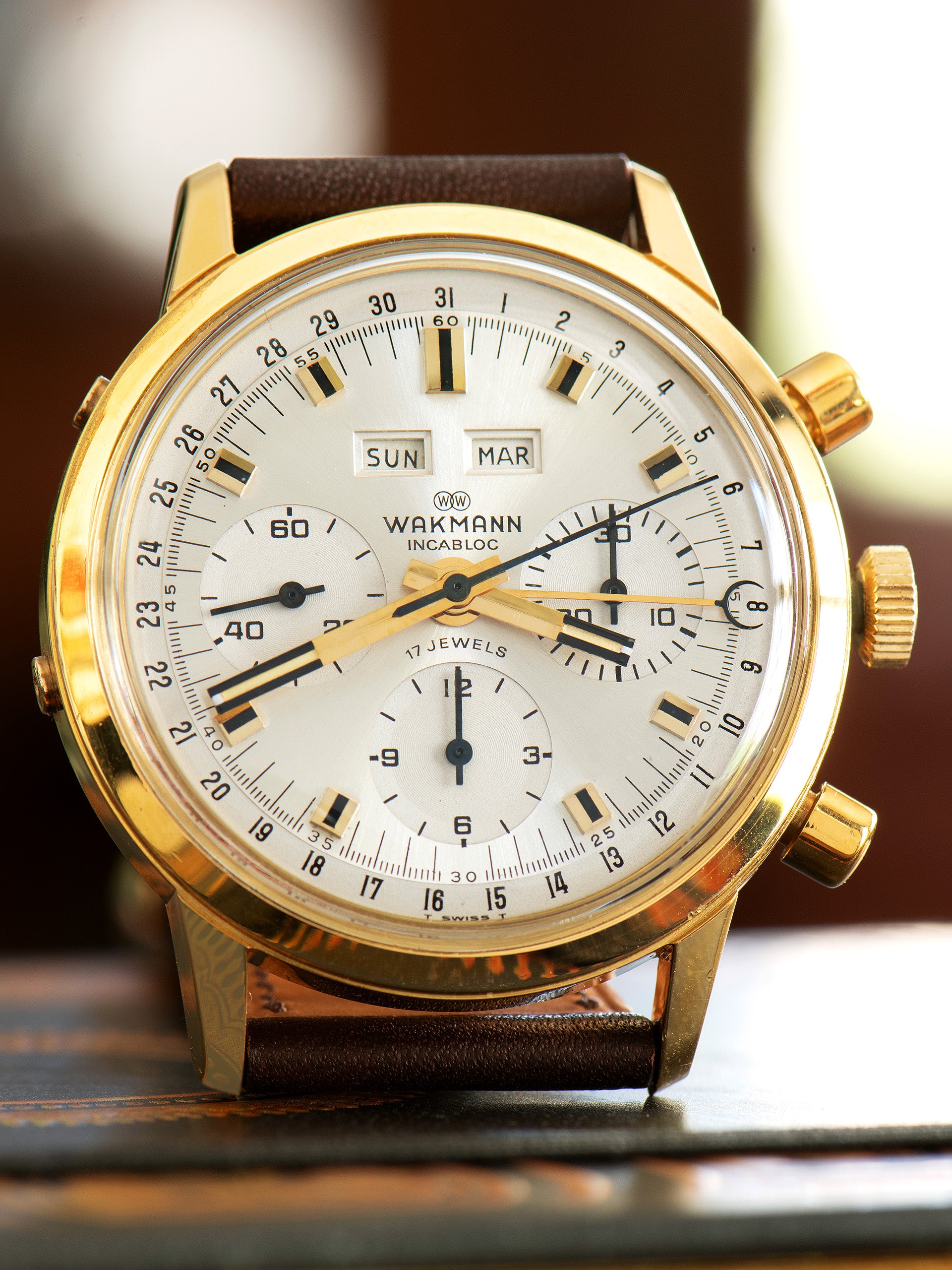 Unpolished* 1970s Wakmann Triple Calendar Gold-Plated Chronograph 