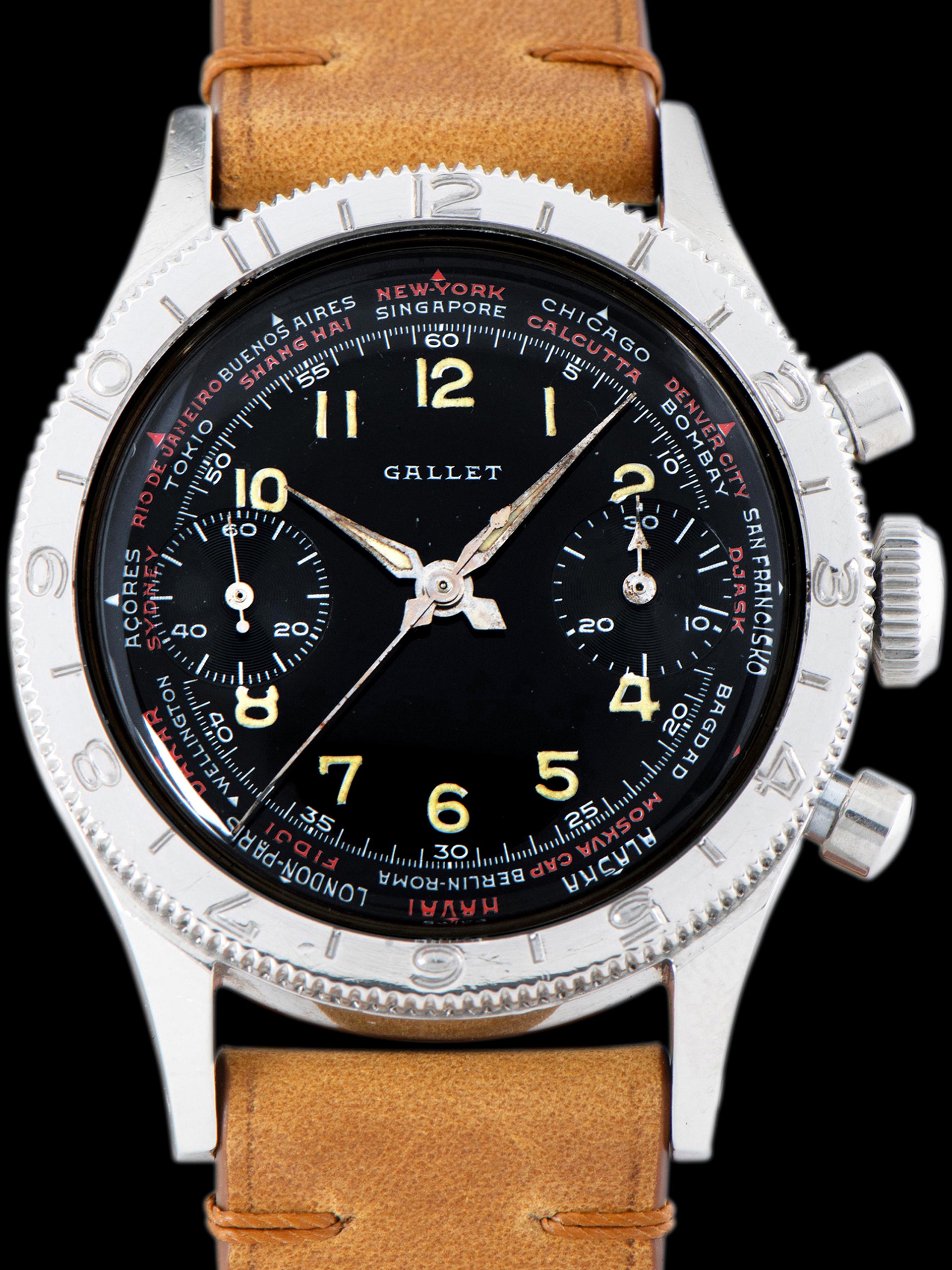 1960s Gallet Flying Officer World Time Clamshell Chronograph W/ Box & Guarantee