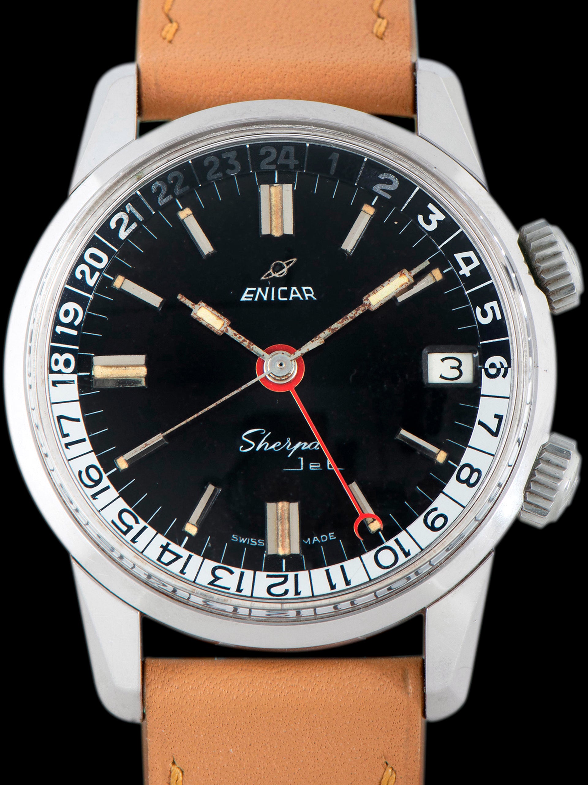 Unpolished* 1960s Enicar Sherpa Jet GMT 126/002) Black Dial