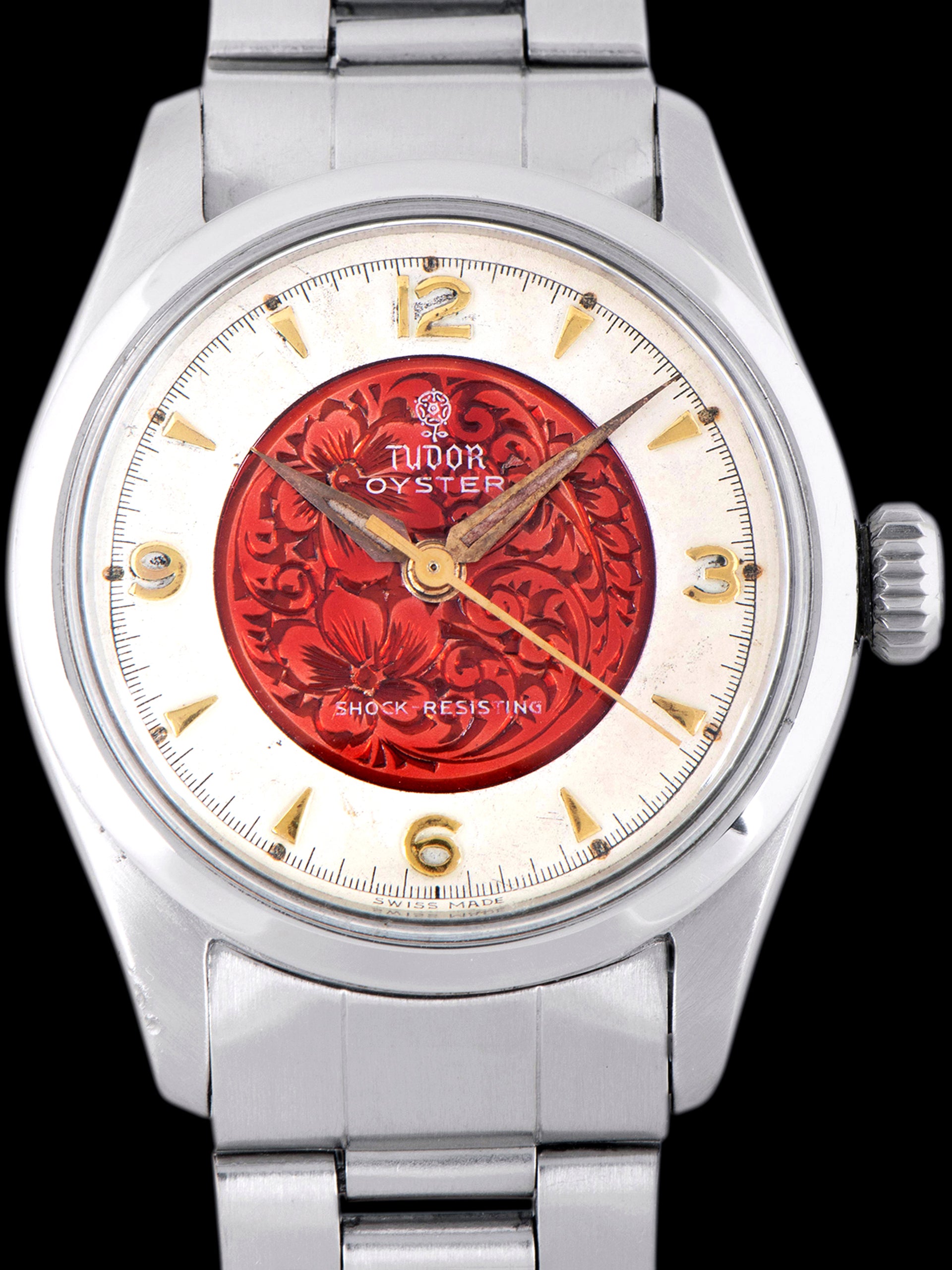 1950s Tudor Oyster 7803) Red Enamel Engraved Floral Motif Dial