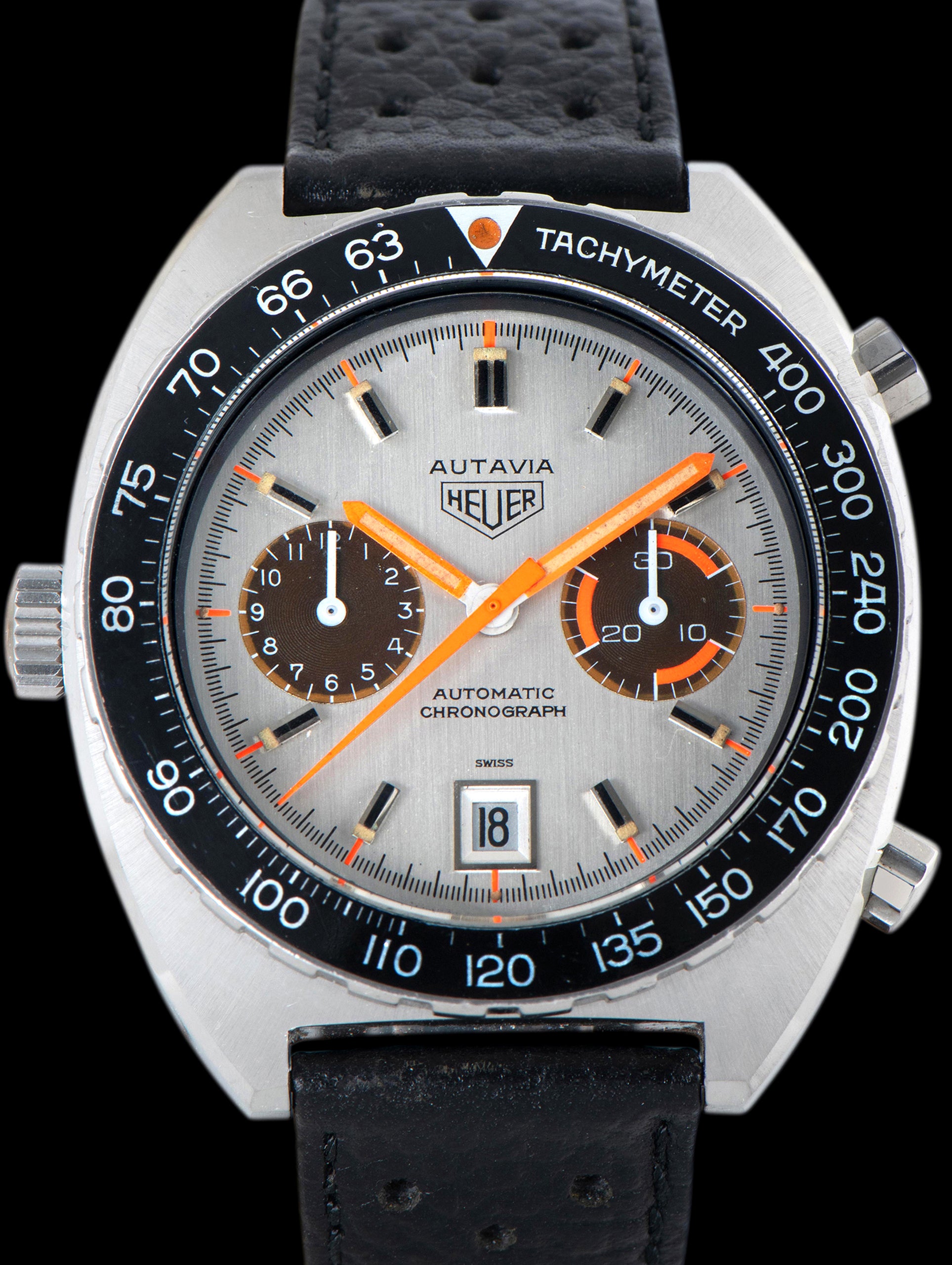 Tropical 1970s Heuer Autavia Automatic Chronograph (Ref. 11630) Silver "Orange Boy" Dial