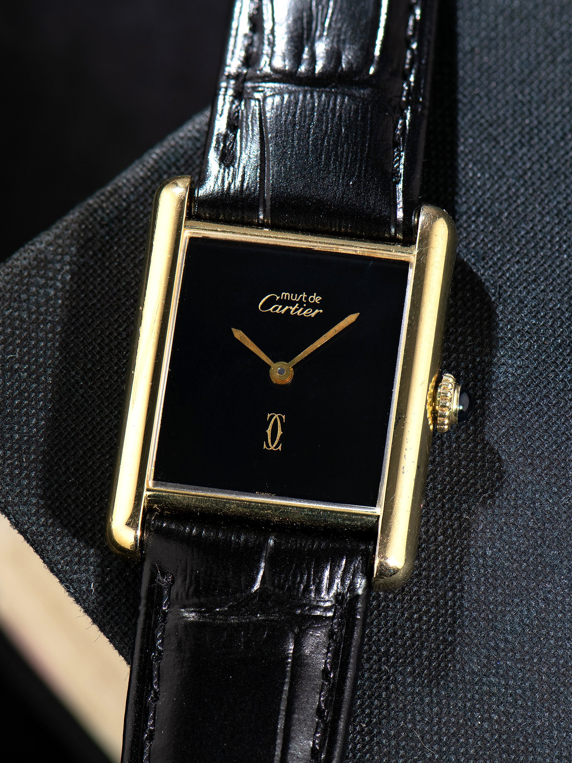 1980s Cartier Must de Cartier Tank 'Vermeil' Black Dial