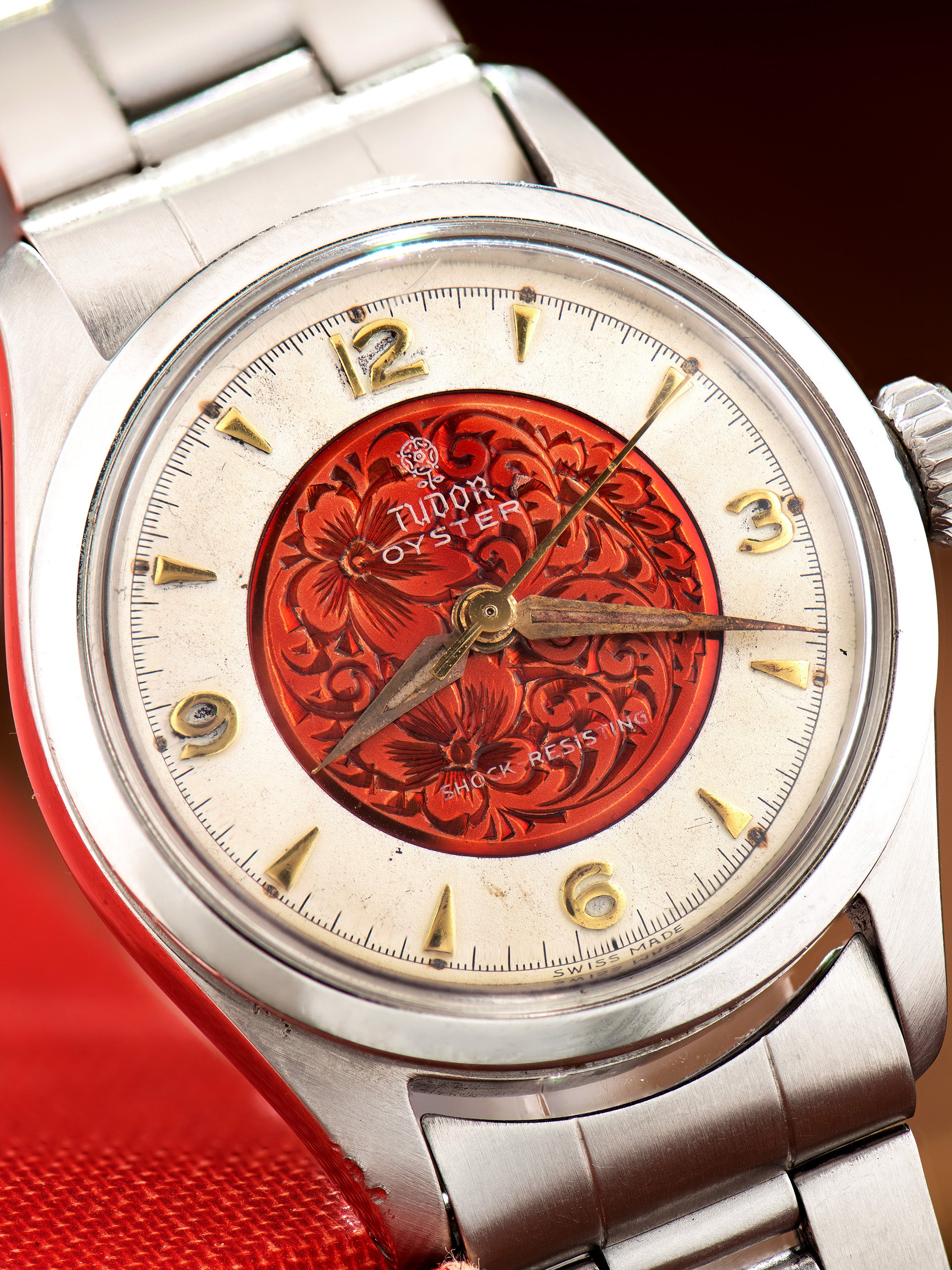 1950s Tudor Oyster (Ref. 7803) Red Enamel Engraved Floral Motif Dial
