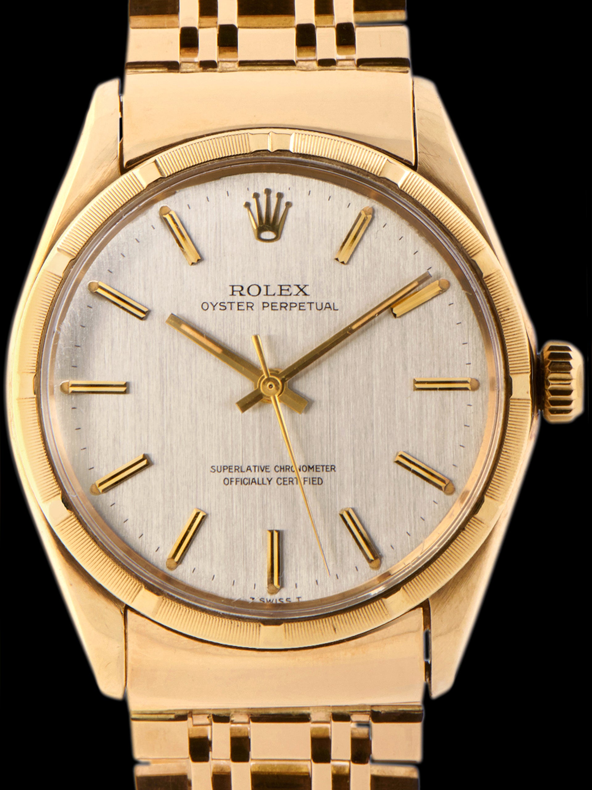 1966 Rolex Oyster-Perpetual 9K YG (Ref. 1002) Brushed Silver Dial W/ Britton & Sons-Made 14K YG Rolex Bracelet