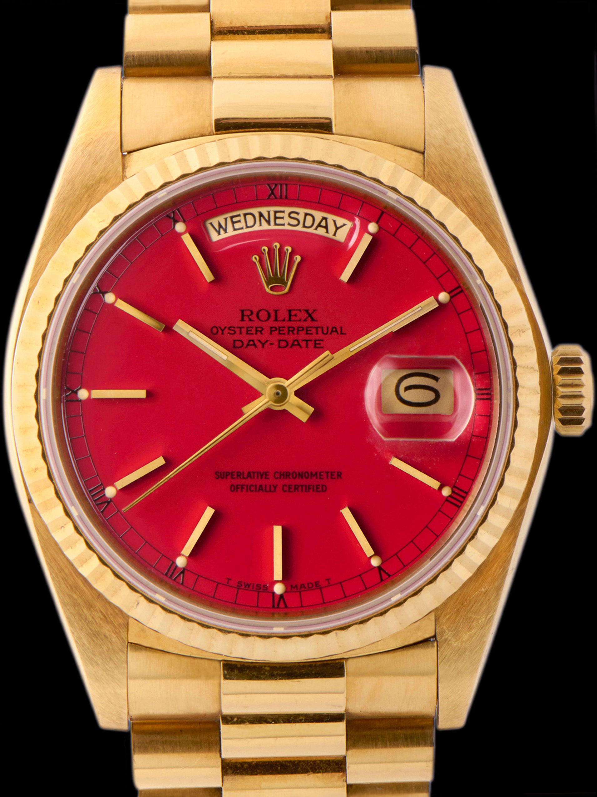 *Unpolished* 1981 Rolex Day-Date 18K YG (Ref. 18038) Red "Stella" Dial