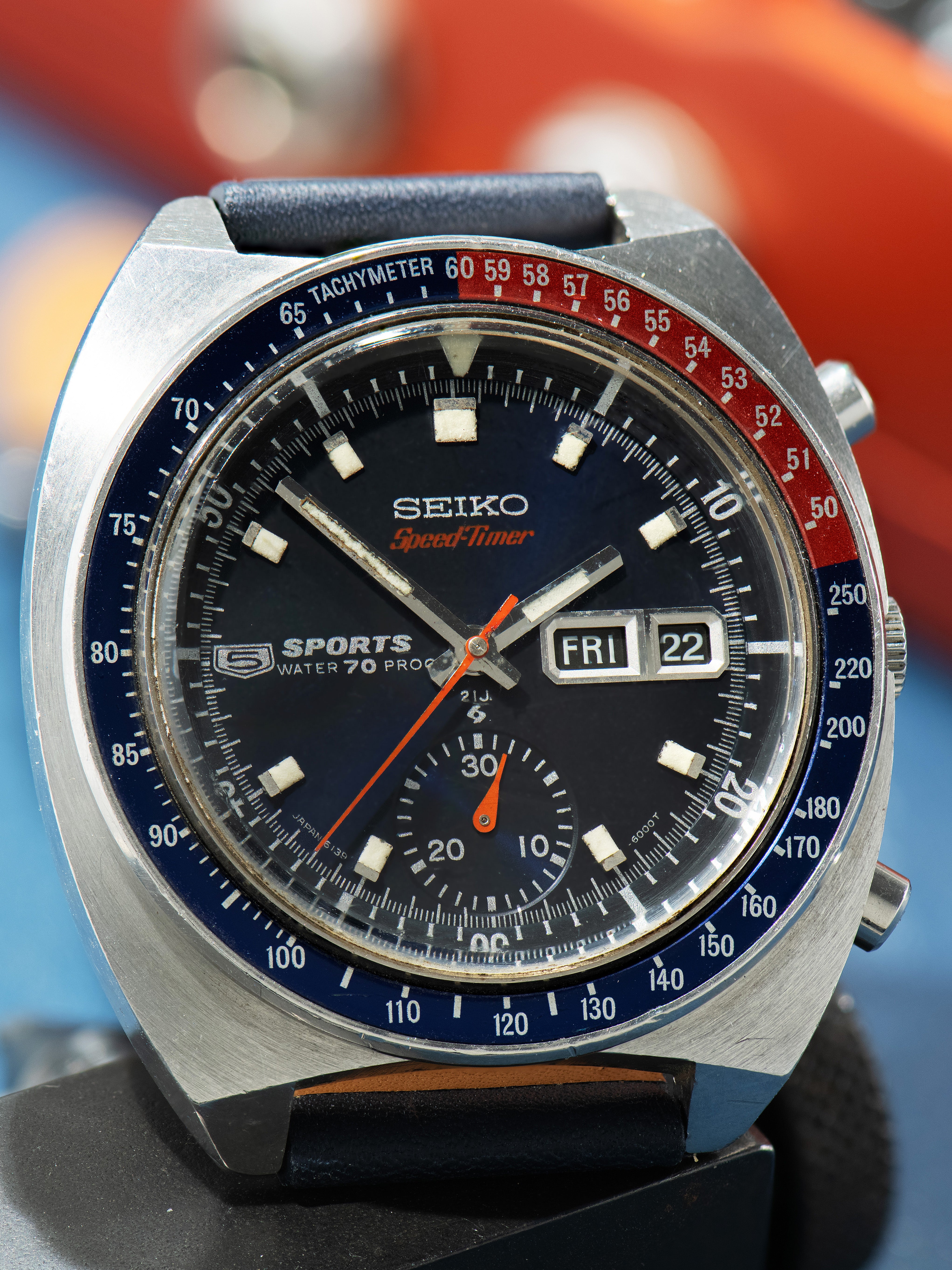 Seiko 6139-6000, Blue Speedtimer Dial, Notch Case. Photo: Craft + Tailored. · Photo: Craft + Tailored · © Craft + Tailored, used with permission · Source: https://www.craftandtailored.com/collections/seiko/products/1969-seiko-5-sports-speedtimer-automatic-chronograph-blue-pogue-ref-6139-6000-jdm-version-w-notch-case