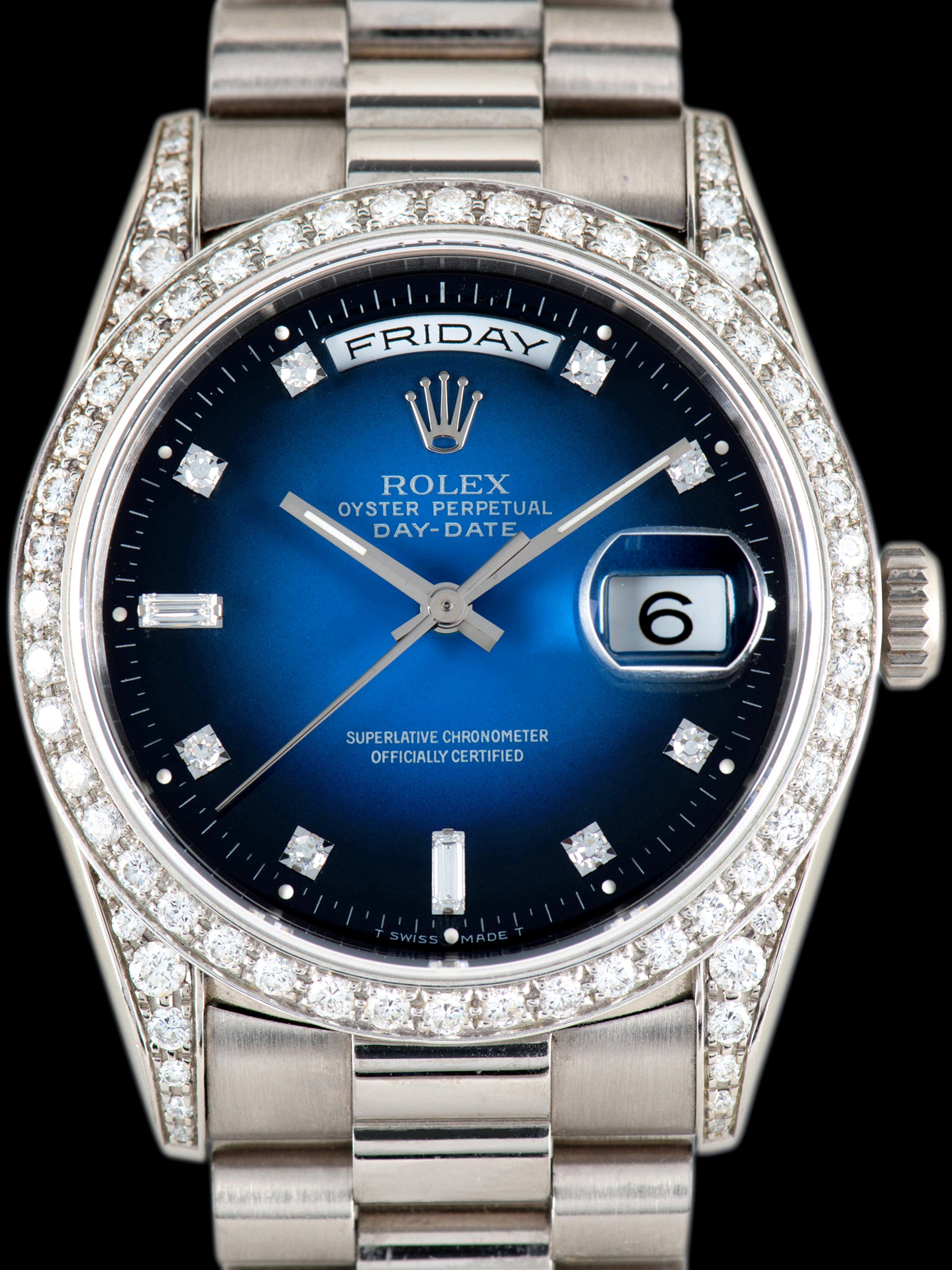 *Rare* 1995 Rolex Day-Date 18K WG (Ref. 18389) Blue Vignette Diamond Dial W/ Box, Papers, Sales Receipt & Service Receipts