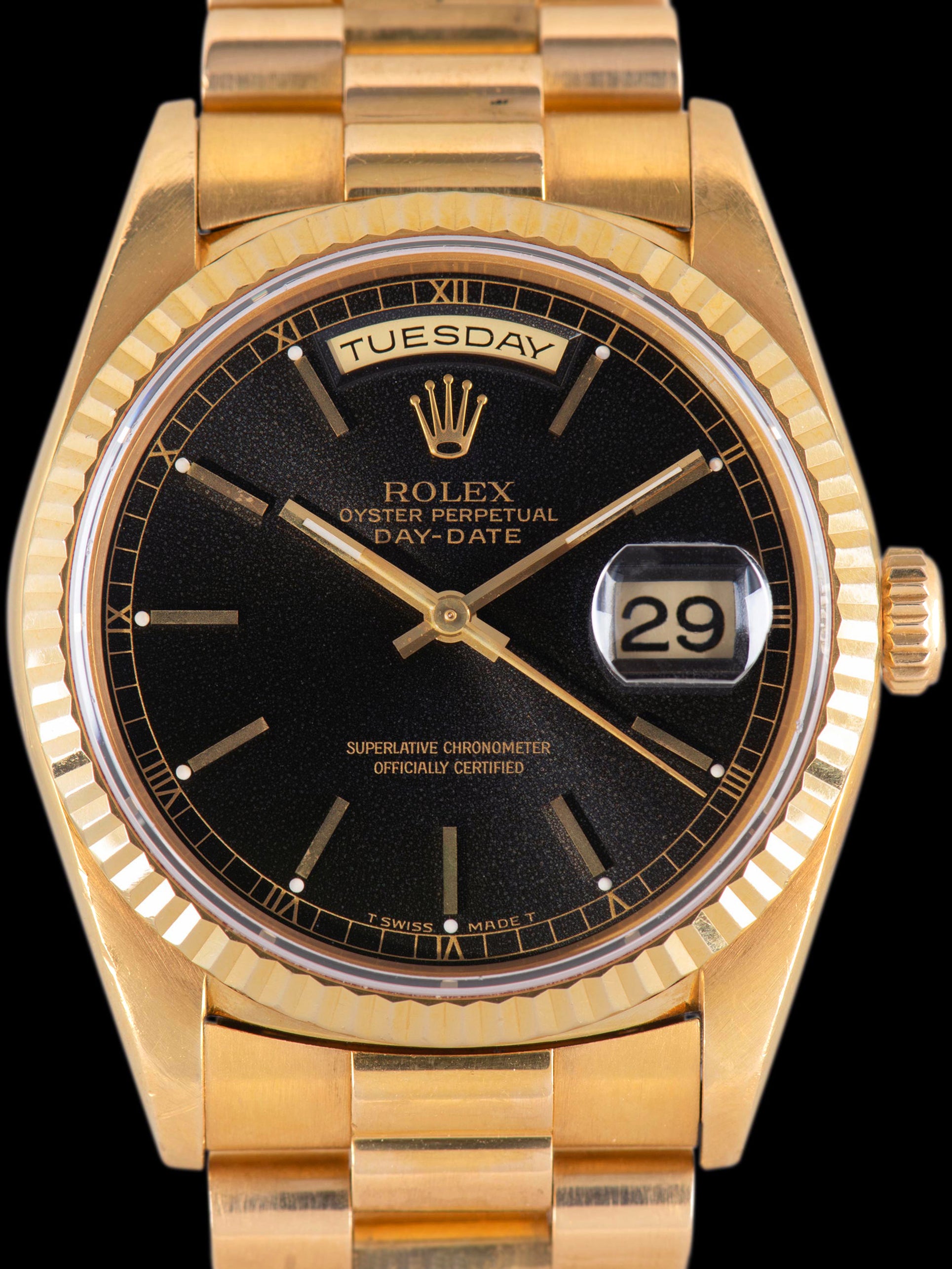 "Tropical" 1996 Rolex Day-Date 18K YG (Ref. 18238) Black Dial W/ Papers, Booklets, & Hang Tags