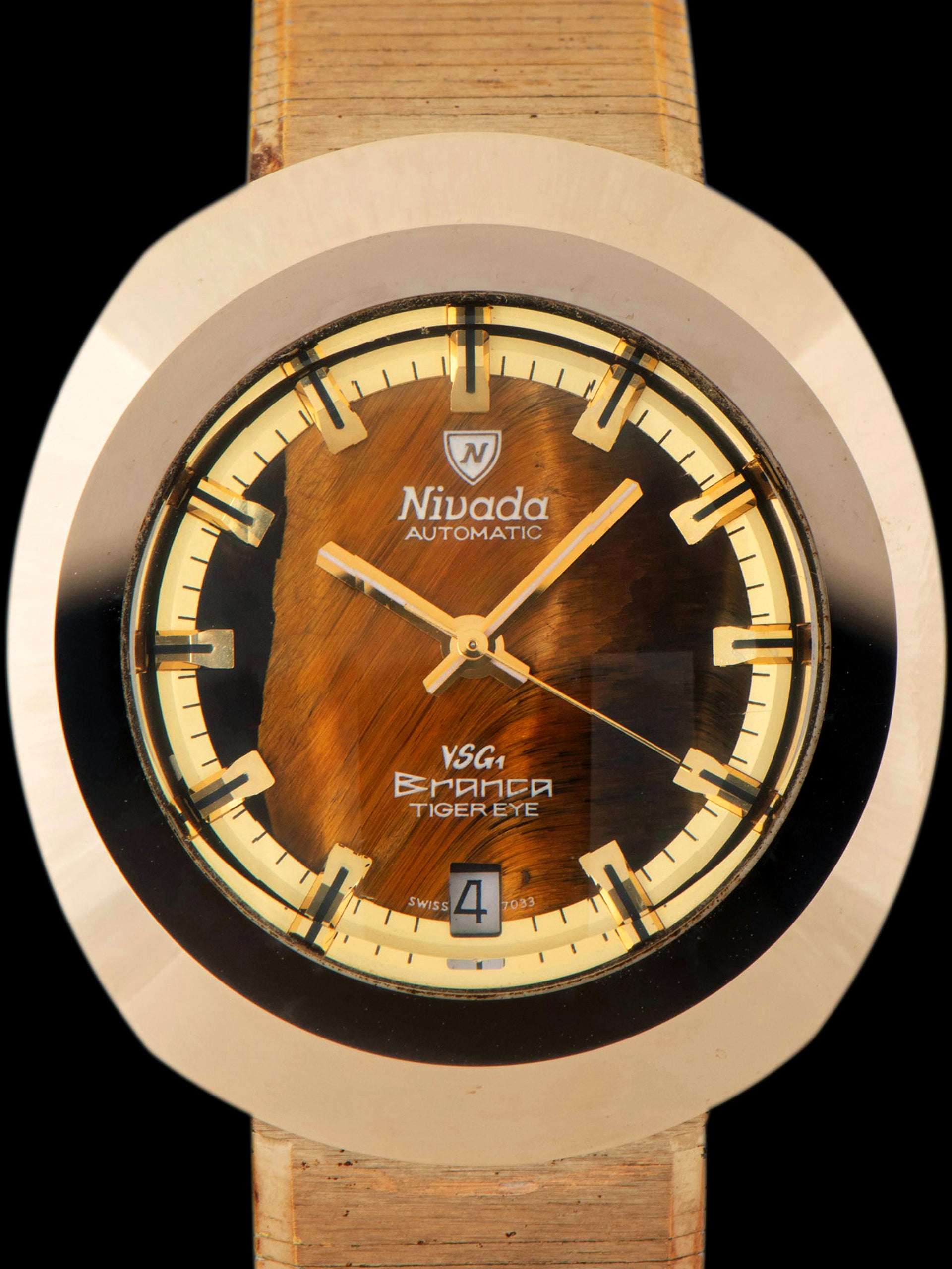 1970s Nivada Automatic Branca (Ref. 98216) Tiger Eye Stone Dial