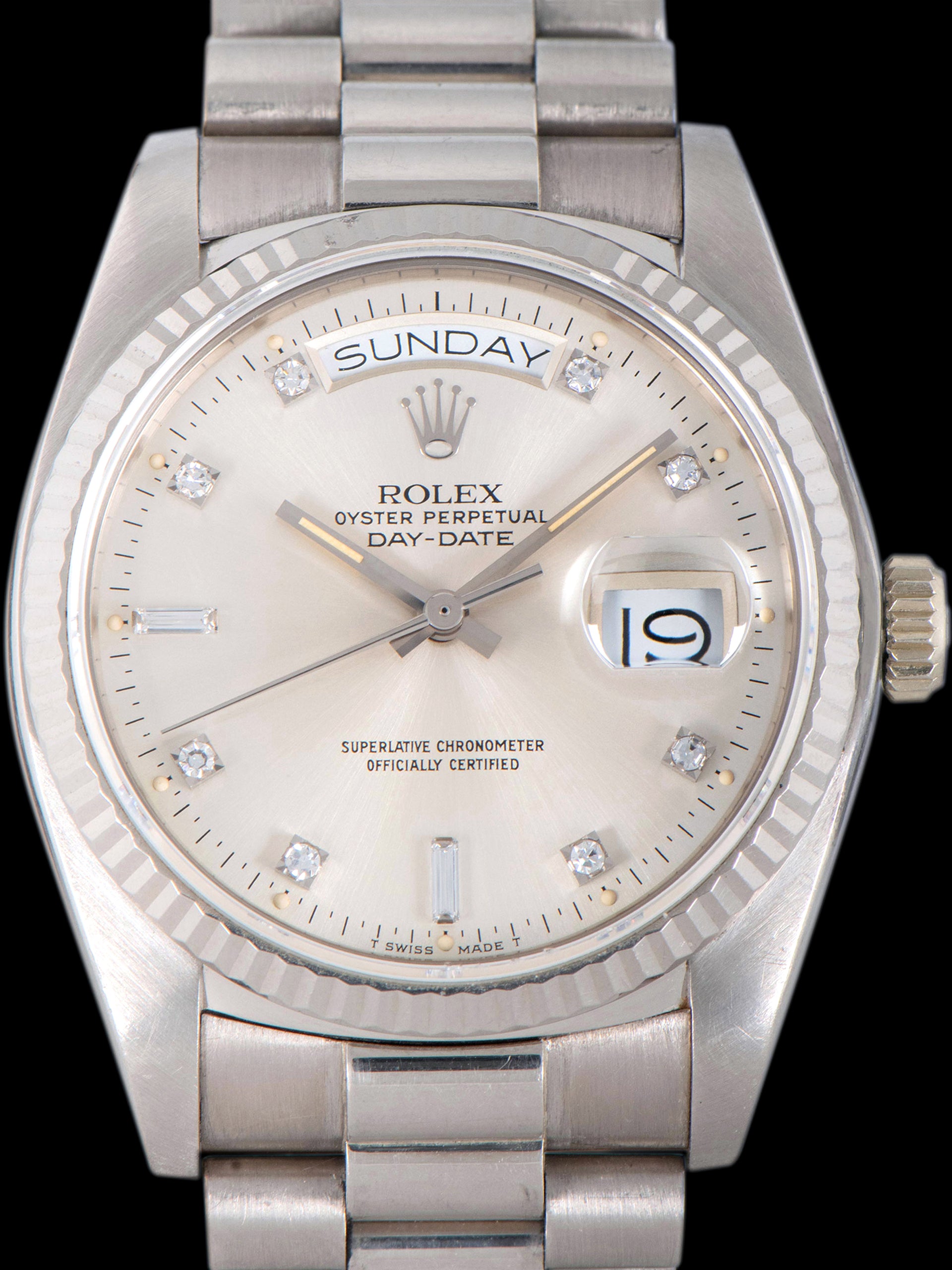 *Unpolished* 1983 Rolex Day-Date 18K WG (Ref. 18039) Silver Diamond Dial