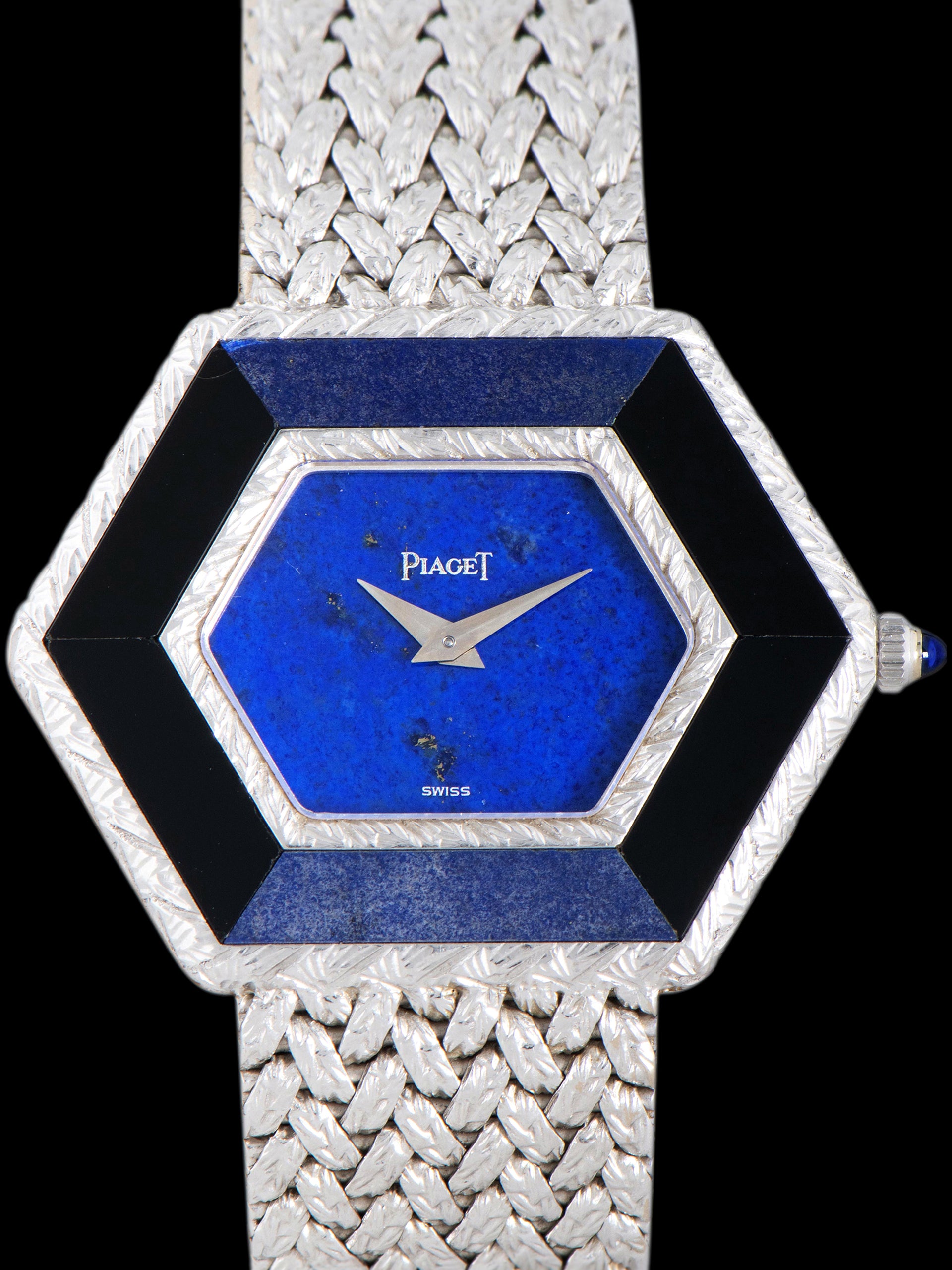 1970s Piaget Hexagon Dress Watch 18K WG (Ref. 9523 D2) Lapis Dial W/ Onyx & Sodalite Bezel
