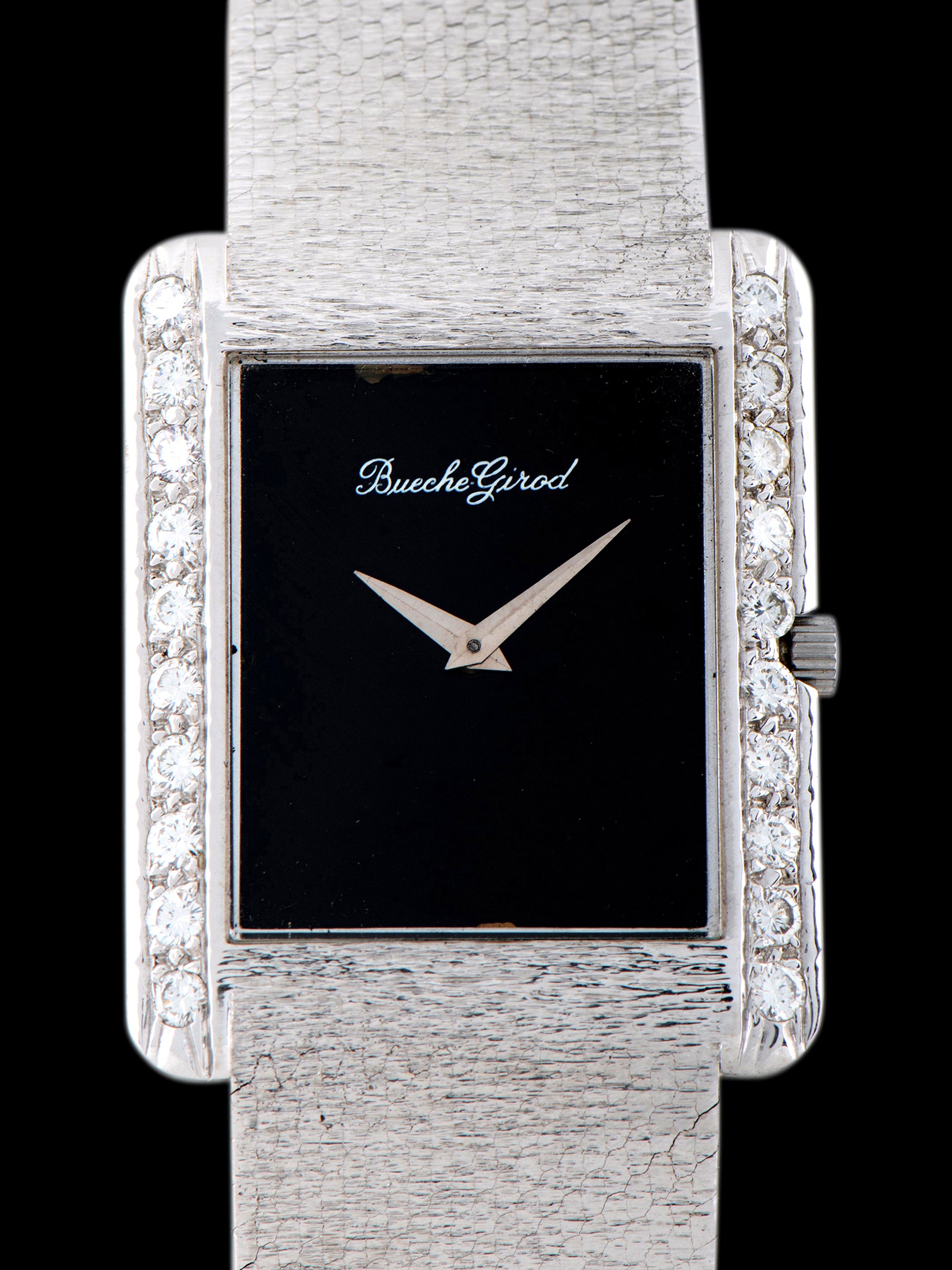 1970s Bueche Girod Dress Watch 18K WG & Factory Diamonds (Ref. Y9810) Black Dial W/ Original Warranty Certificate