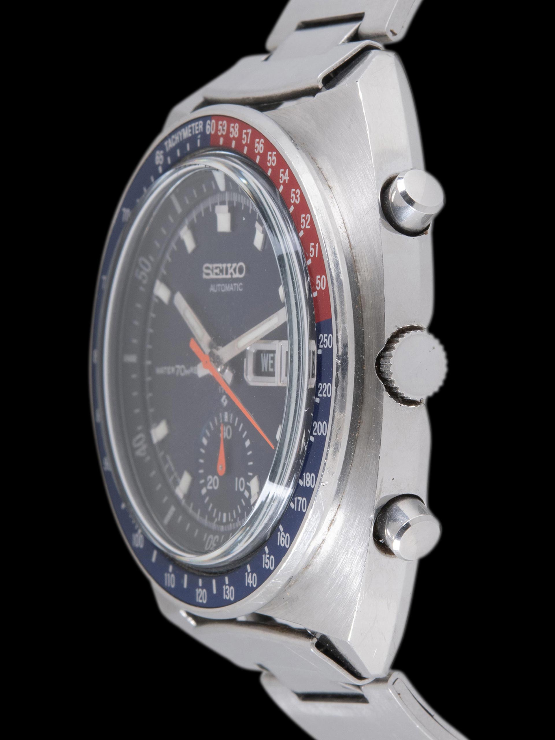Seiko 6139-6009, Blue Resist Dial, Notch Case. Photo: Craft + Tailored. · Photo: Craft + Tailored · © Craft + Tailored, used with permission · Source: https://www.craftandtailored.com/collections/seiko/products/1969-seiko-automatic-chronograph-blue-pogue-ref-6139-6009-notch-case-w-full-set