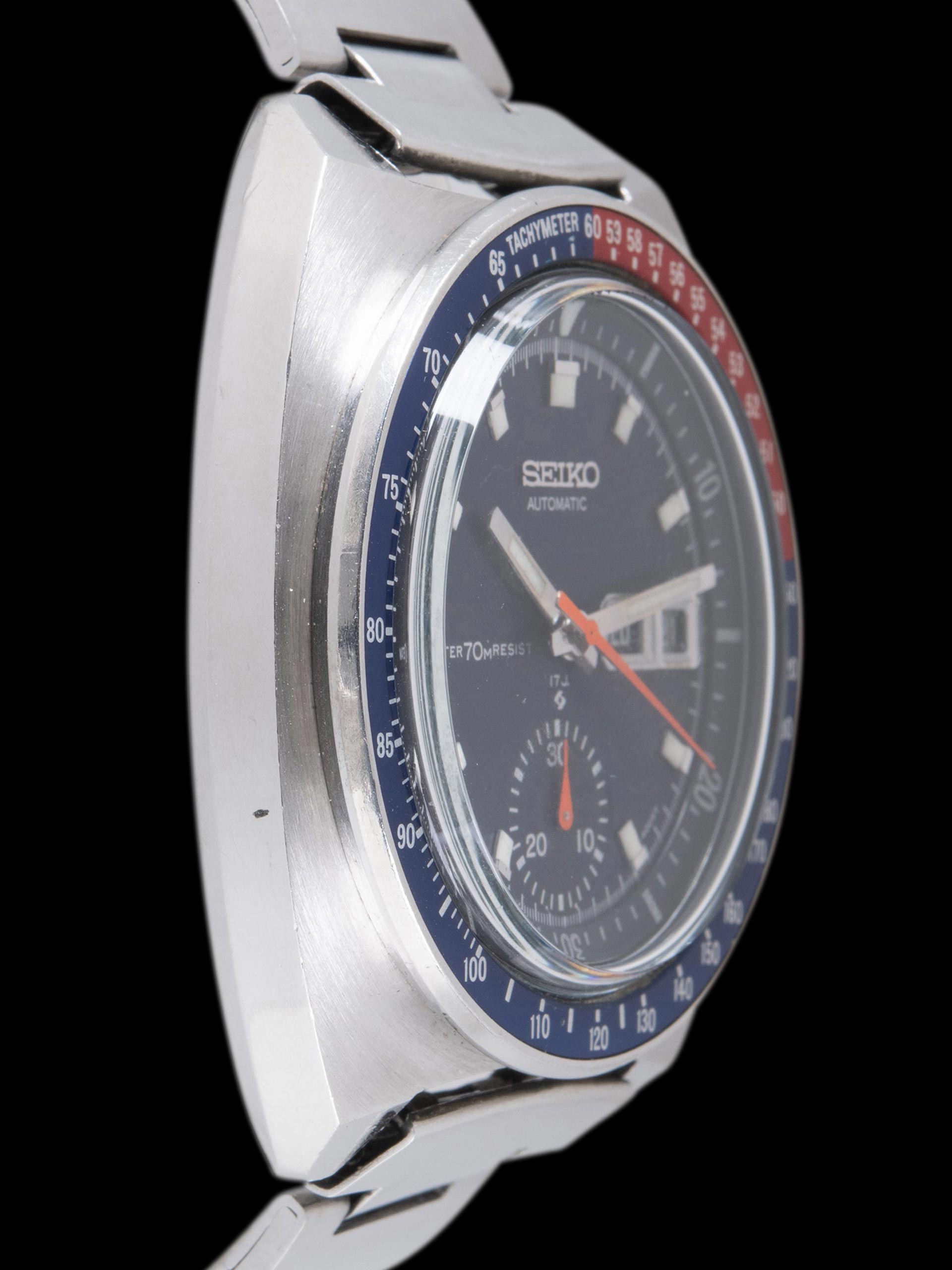Seiko 6139-6009, Blue Resist Dial, Notch Case. Photo: Craft + Tailored. · Photo: Craft + Tailored · © Craft + Tailored, used with permission · Source: https://www.craftandtailored.com/collections/seiko/products/1969-seiko-automatic-chronograph-blue-pogue-ref-6139-6009-notch-case-w-full-set