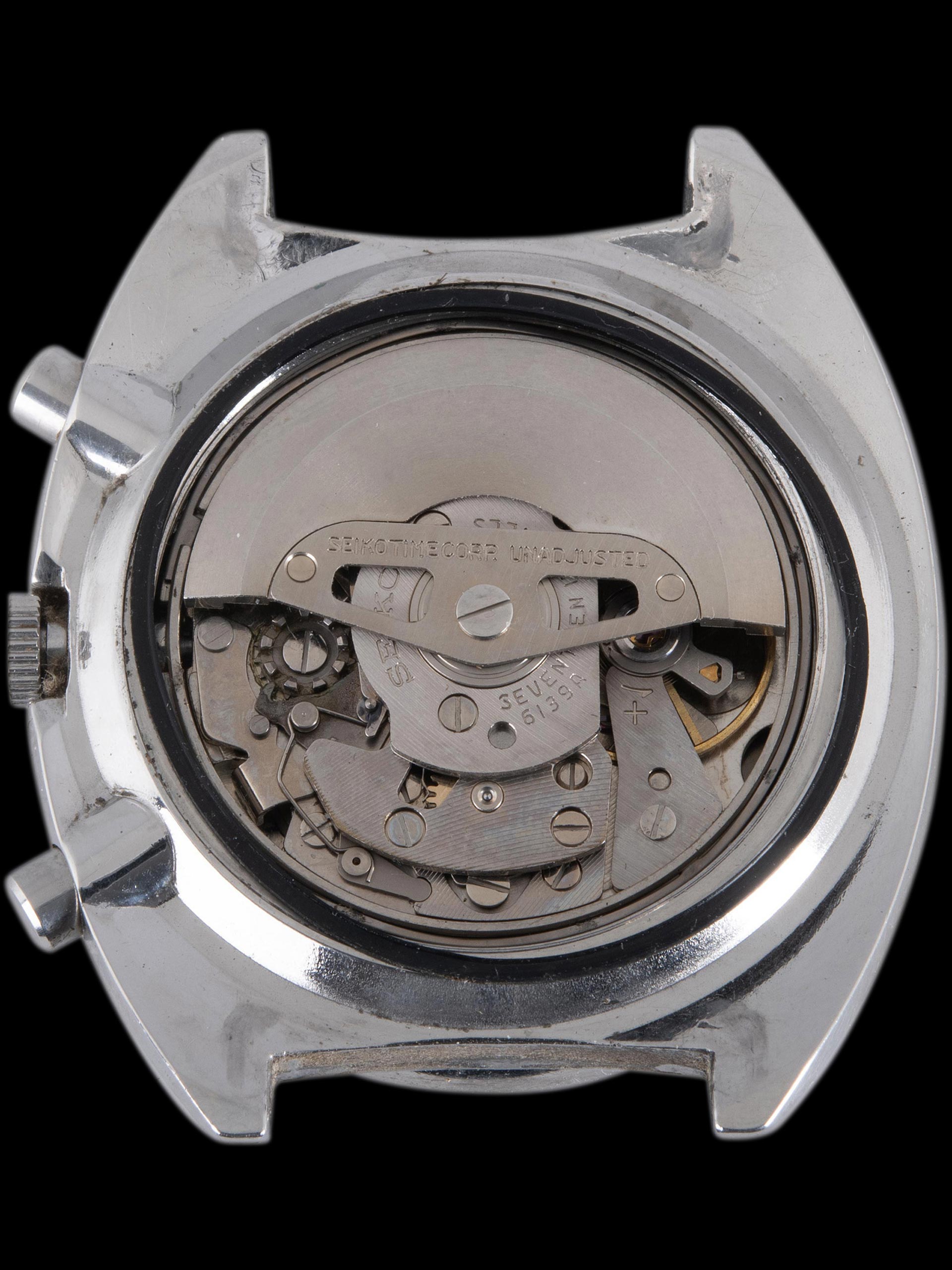 Seiko 6139-6009, Blue Resist Dial, Notch Case. Photo: Craft + Tailored. · Photo: Craft + Tailored · © Craft + Tailored, used with permission · Source: https://www.craftandtailored.com/collections/seiko/products/1969-seiko-automatic-chronograph-blue-pogue-ref-6139-6009-notch-case-w-full-set