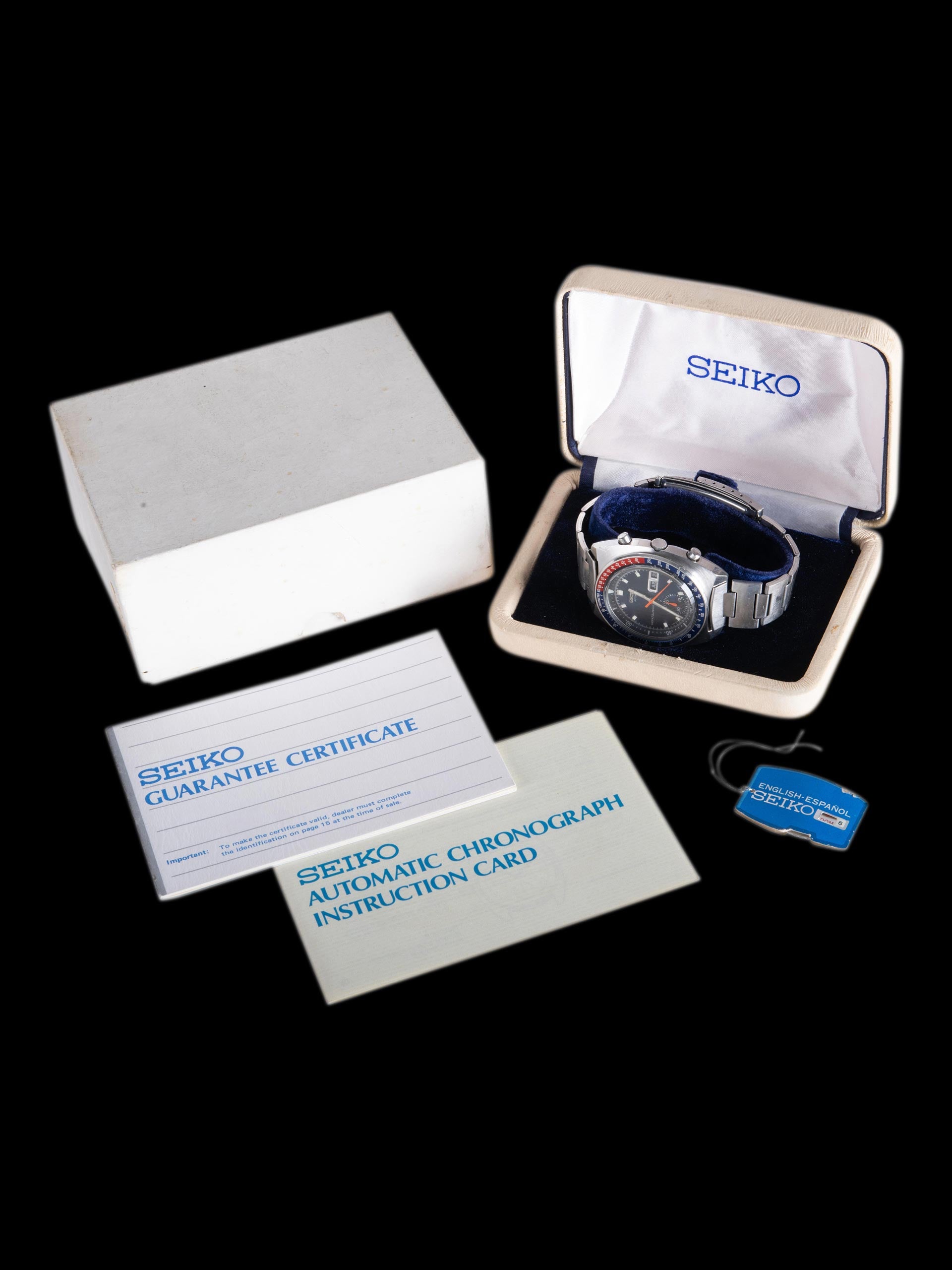 Seiko 6139-6009, Blue Resist Dial, Notch Case. Photo: Craft + Tailored. · Photo: Craft + Tailored · © Craft + Tailored, used with permission · Source: https://www.craftandtailored.com/collections/seiko/products/1969-seiko-automatic-chronograph-blue-pogue-ref-6139-6009-notch-case-w-full-set