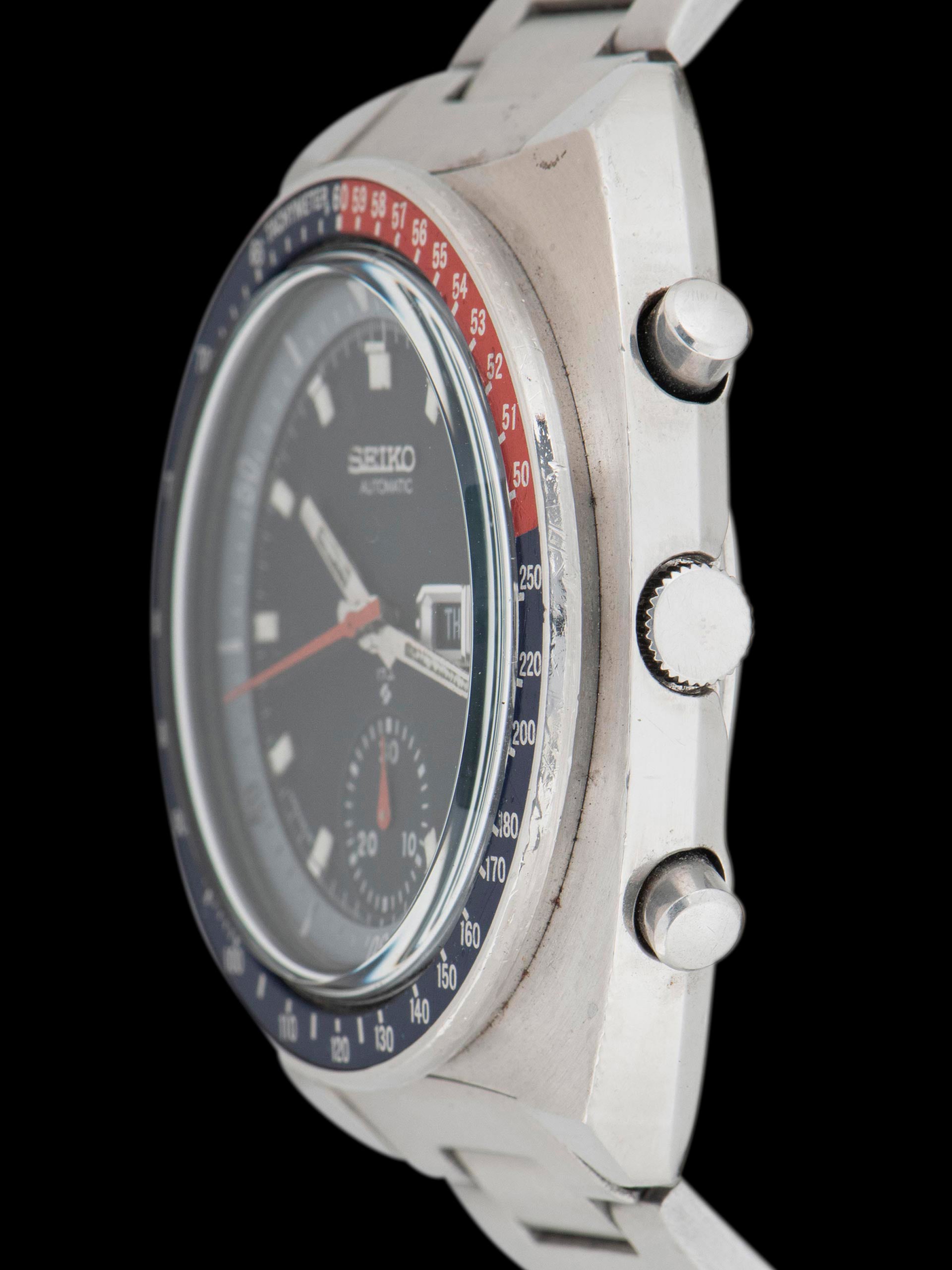 Seiko 6139-6005, Blue Dial. Documented specimen has an aftermarket bracelet. Photo: Craft + Tailored. · Photo: Craft + Tailored · © Craft + Tailored, used with permission · Source: https://www.craftandtailored.com/products/1977-seiko-automatic-chronograph-ref-6139-6005-blue-pogue