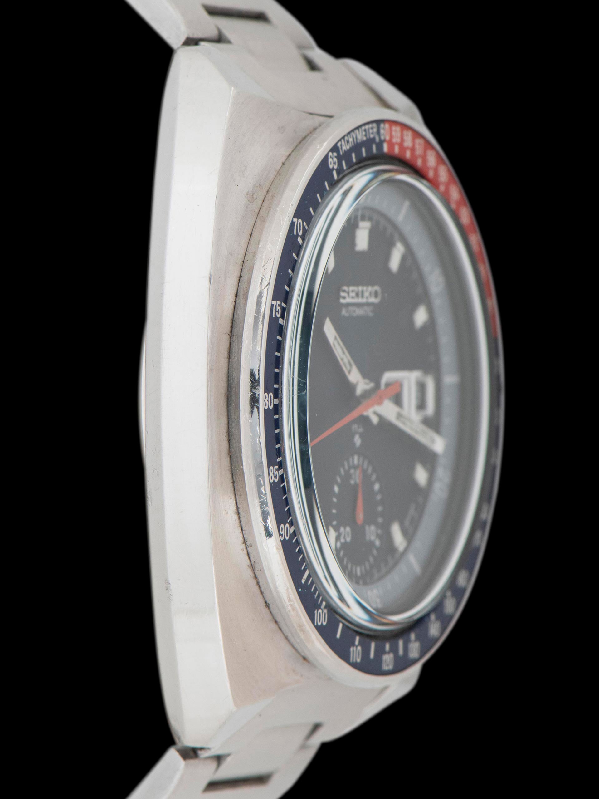 Seiko 6139-6005, Blue Dial. Documented specimen has an aftermarket bracelet. Photo: Craft + Tailored. · Photo: Craft + Tailored · © Craft + Tailored, used with permission · Source: https://www.craftandtailored.com/products/1977-seiko-automatic-chronograph-ref-6139-6005-blue-pogue
