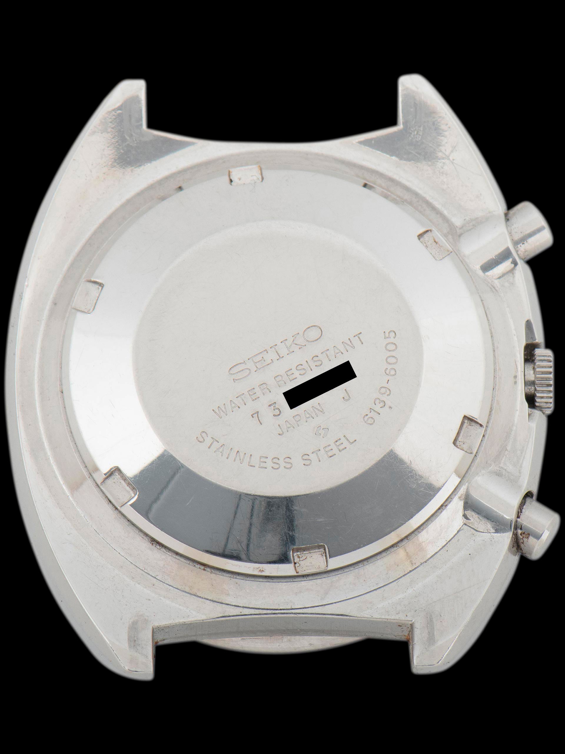 Seiko 6139-6005, Blue Dial. Documented specimen has an aftermarket bracelet. Photo: Craft + Tailored. · Photo: Craft + Tailored · © Craft + Tailored, used with permission · Source: https://www.craftandtailored.com/products/1977-seiko-automatic-chronograph-ref-6139-6005-blue-pogue