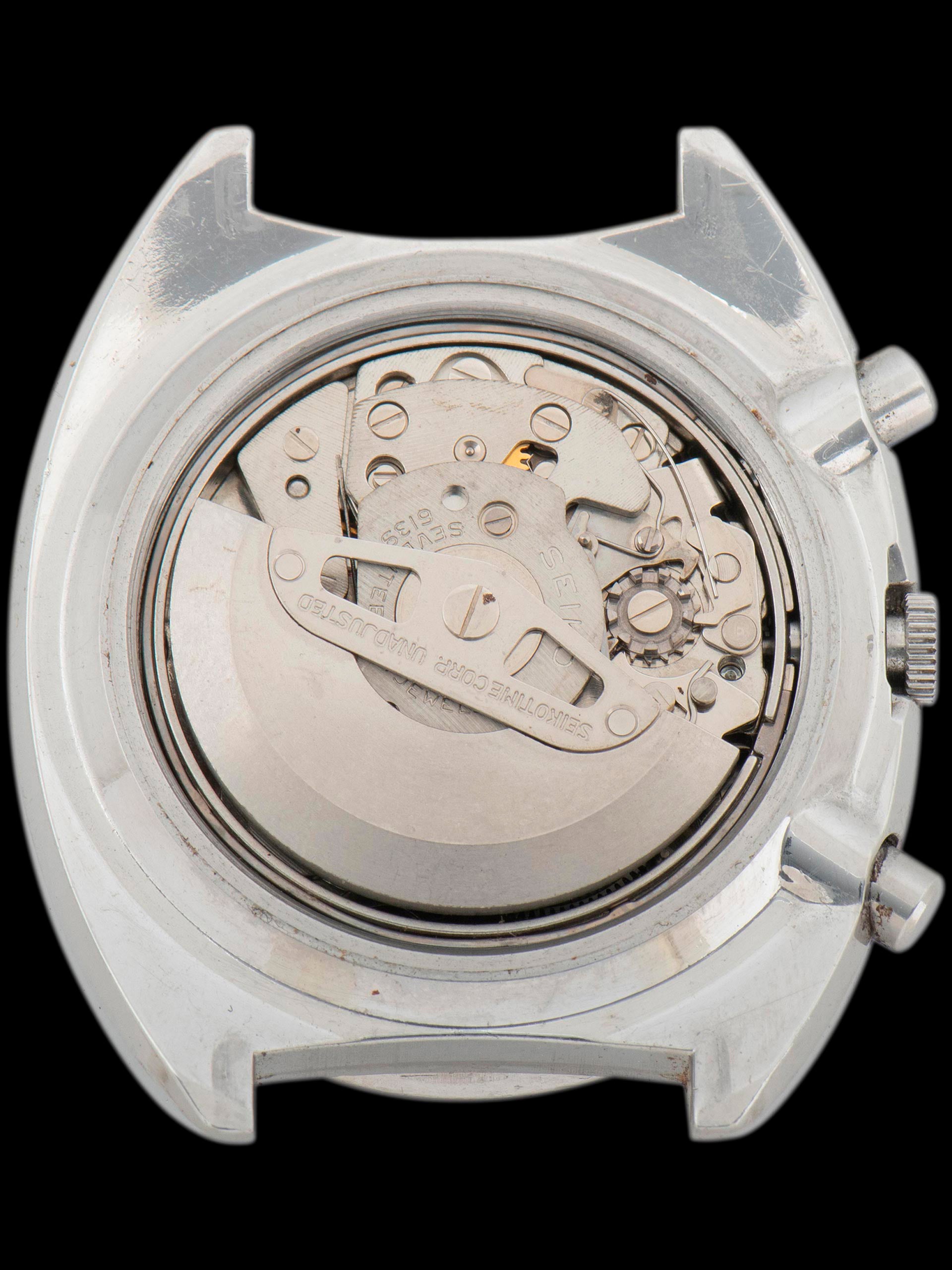 Seiko 6139-6005, Blue Dial. Documented specimen has an aftermarket bracelet. Photo: Craft + Tailored. · Photo: Craft + Tailored · © Craft + Tailored, used with permission · Source: https://www.craftandtailored.com/products/1977-seiko-automatic-chronograph-ref-6139-6005-blue-pogue