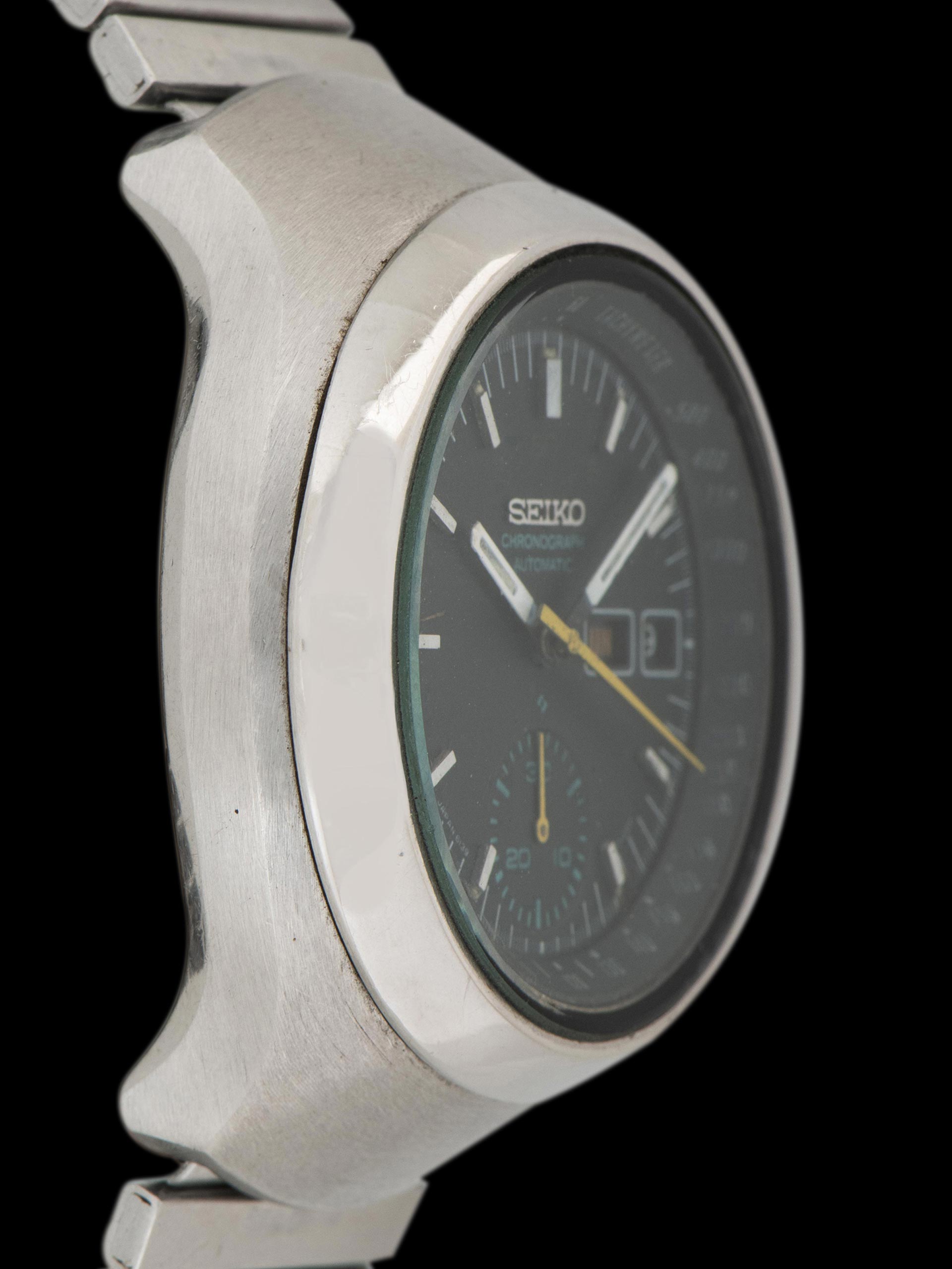 Seiko 6139-7100, Black Dial, Yellow Chronograph Hands. Documented specimen has restored hand lume. Photo: Craft + Tailored. · Photo: Craft + Tailored · © Craft + Tailored, used with permission · Source: https://www.craftandtailored.com/products/1977-seiko-automatic-chronograph-ref-6139-7100
