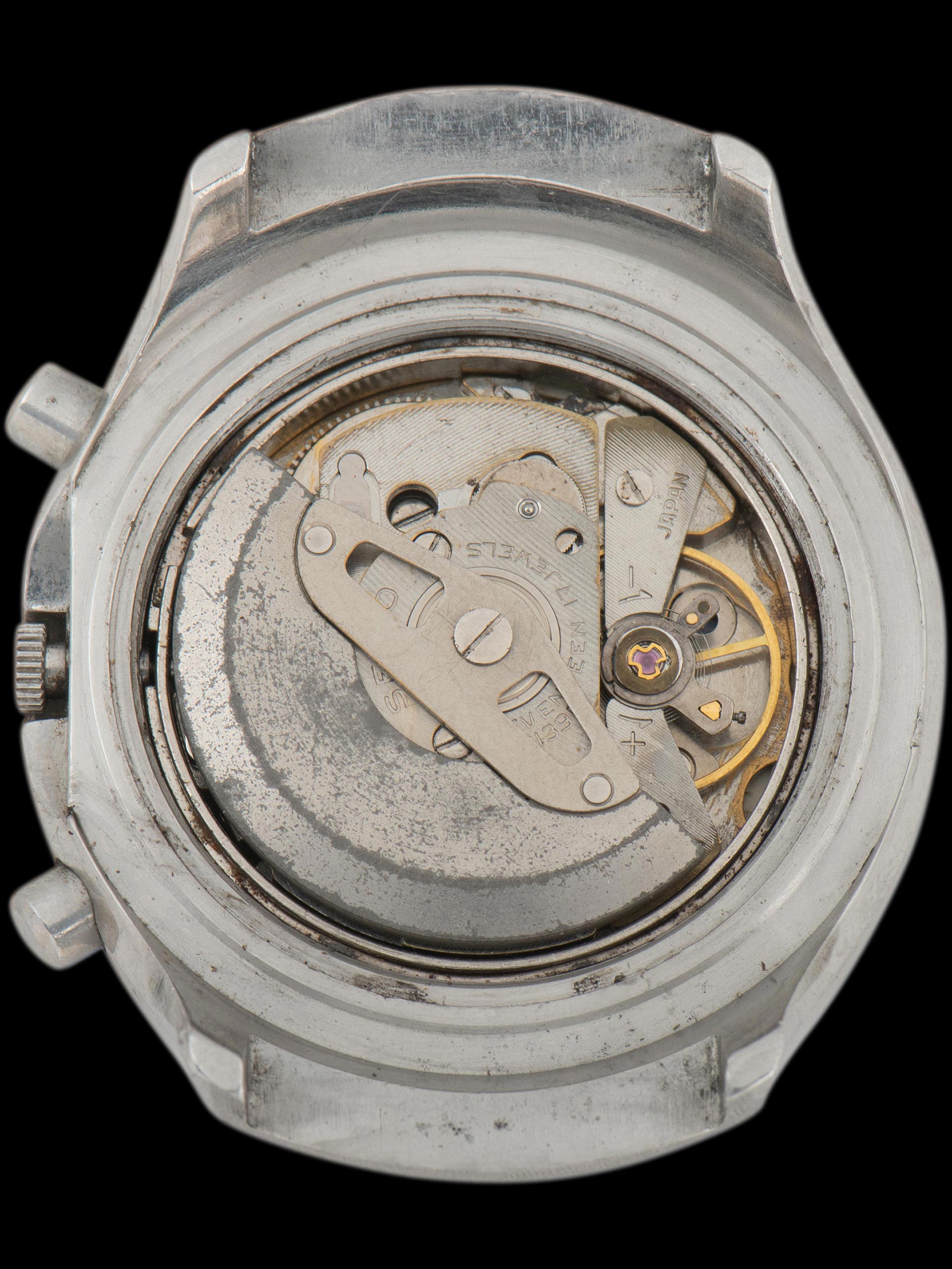 Seiko 6139-7100, Black Dial, Yellow Chronograph Hands. Documented specimen has restored hand lume. Photo: Craft + Tailored. · Photo: Craft + Tailored · © Craft + Tailored, used with permission · Source: https://www.craftandtailored.com/products/1977-seiko-automatic-chronograph-ref-6139-7100
