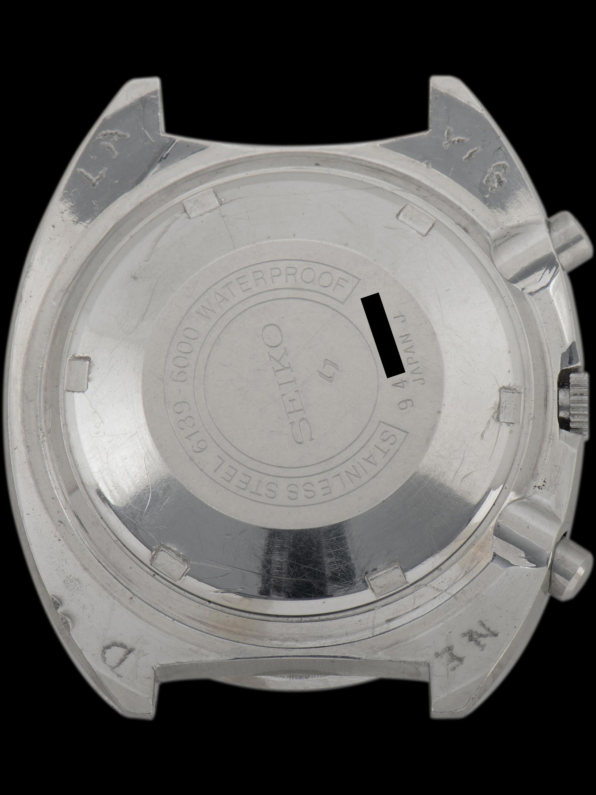 Seiko 6139-6000, Gold Dial, Notch Case. Documented specimen has an aftermarket bracelet. Photo: Craft + Tailored. · Photo: Craft + Tailored · © Craft + Tailored, used with permission · Source: https://www.craftandtailored.com/collections/seiko/products/1969-seiko-automatic-chronograph-pogue-ref-6139-6000-notch-case