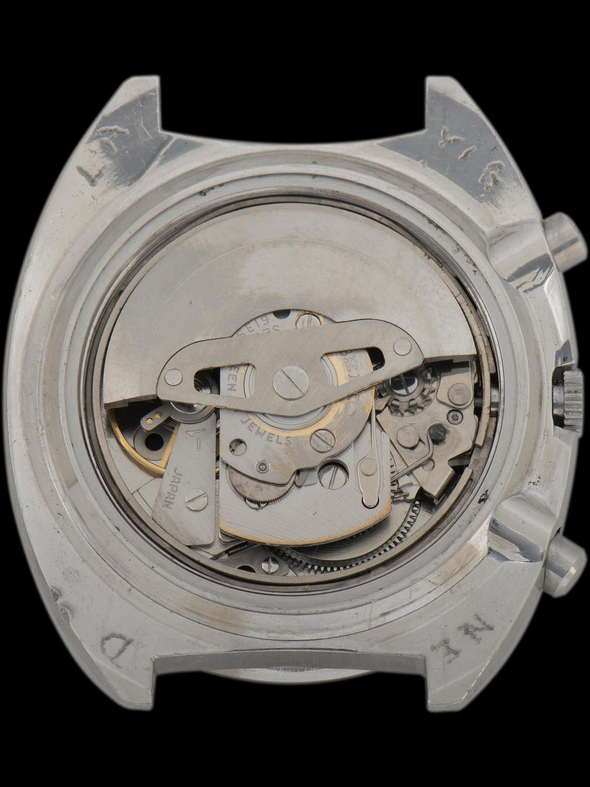 Seiko 6139-6000, Gold Dial, Notch Case. Documented specimen has an aftermarket bracelet. Photo: Craft + Tailored. · Photo: Craft + Tailored · © Craft + Tailored, used with permission · Source: https://www.craftandtailored.com/collections/seiko/products/1969-seiko-automatic-chronograph-pogue-ref-6139-6000-notch-case