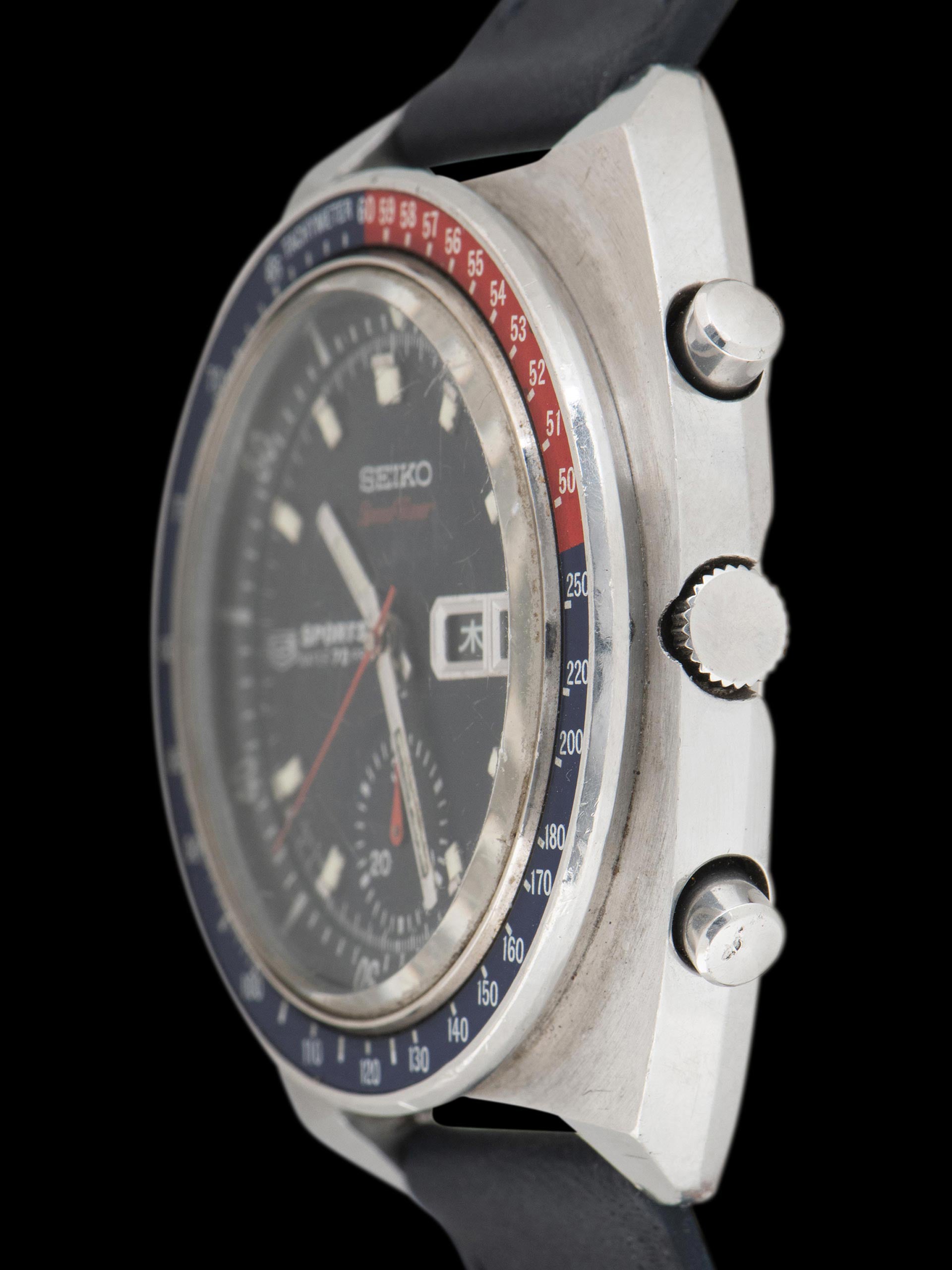 Seiko 6139-6000, Blue Speedtimer Dial, Notch Case. Photo: Craft + Tailored. · Photo: Craft + Tailored · © Craft + Tailored, used with permission · Source: https://www.craftandtailored.com/collections/seiko/products/1969-seiko-5-sports-speedtimer-automatic-chronograph-blue-pogue-ref-6139-6000-jdm-version-w-notch-case