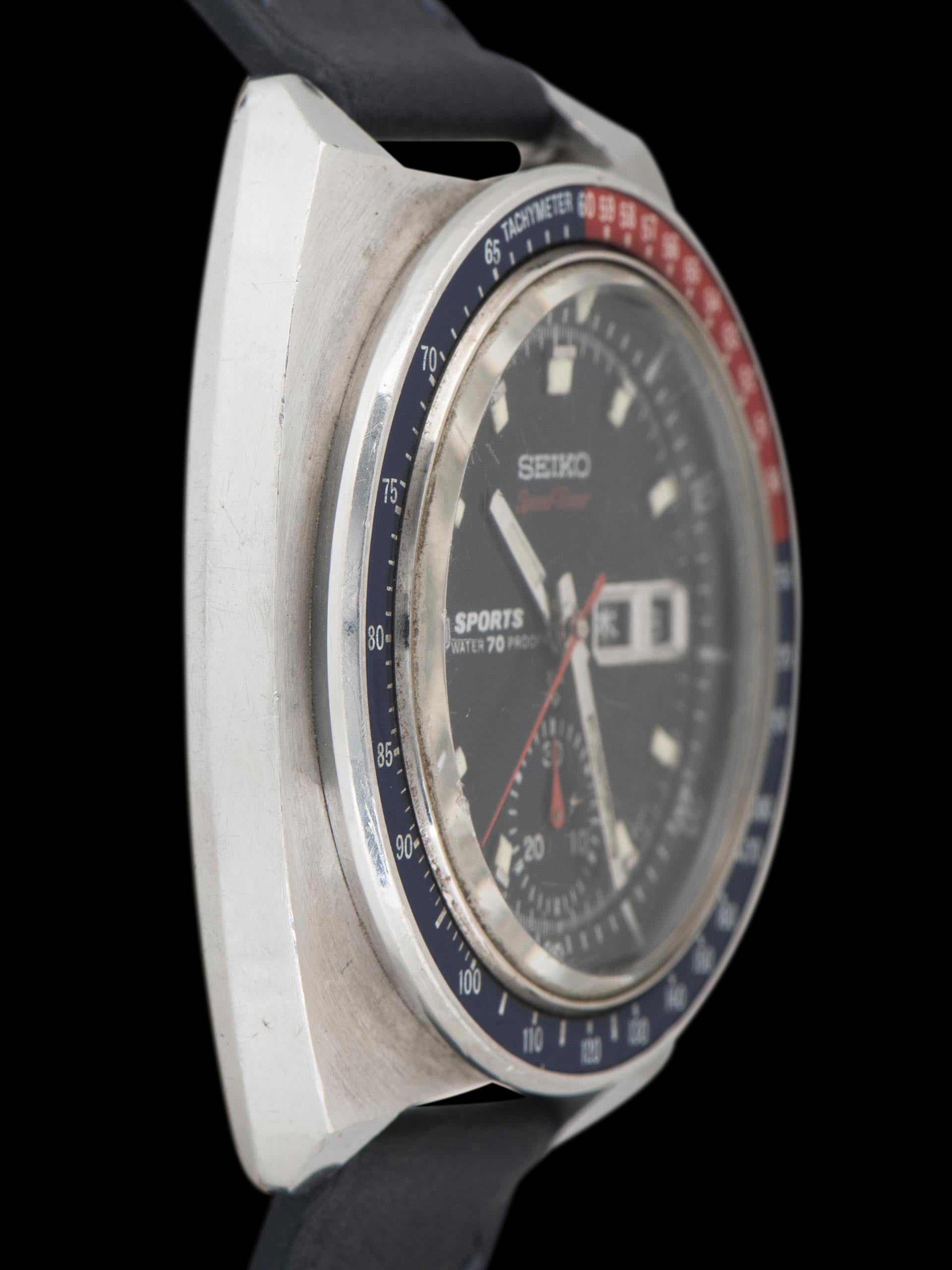 Seiko 6139-6000, Blue Speedtimer Dial, Notch Case. Photo: Craft + Tailored. · Photo: Craft + Tailored · © Craft + Tailored, used with permission · Source: https://www.craftandtailored.com/collections/seiko/products/1969-seiko-5-sports-speedtimer-automatic-chronograph-blue-pogue-ref-6139-6000-jdm-version-w-notch-case