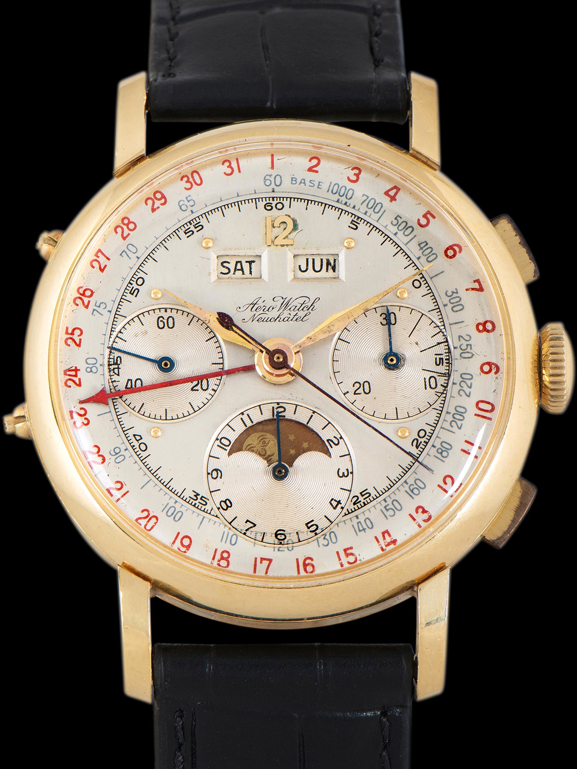 1950s Aero Watch Tripe Calendar Moonphase Chronograph 18K YG 'Valjoux Cal. 88'