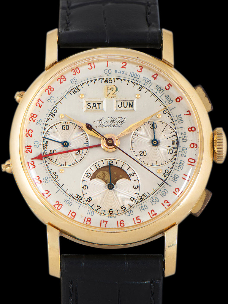1950s Aero Watch Tripe Calendar Moonphase Chronograph 18K YG 'Valjoux Cal. 88'