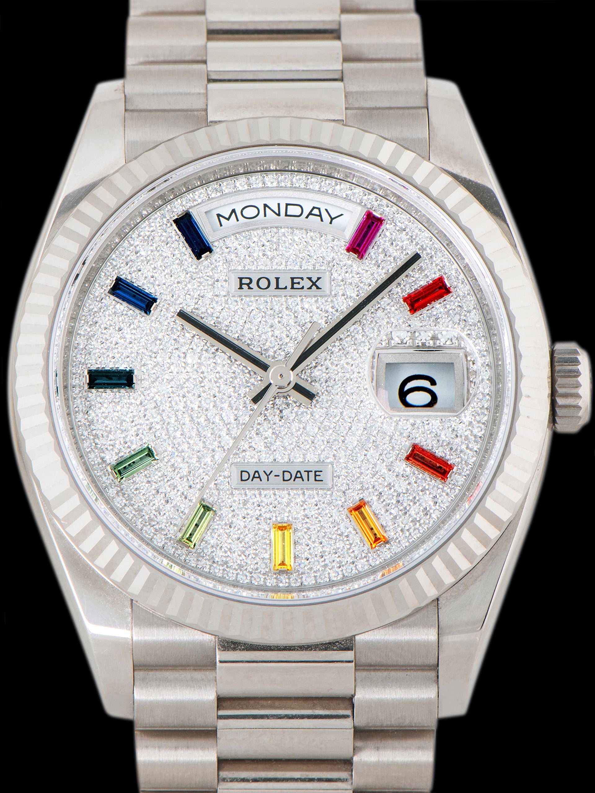2020 Rolex Day-Date 18K WG (Ref. 128239) Factory Pavé Diamond Dial & Rainbow Sapphire Markers W/ Full Set