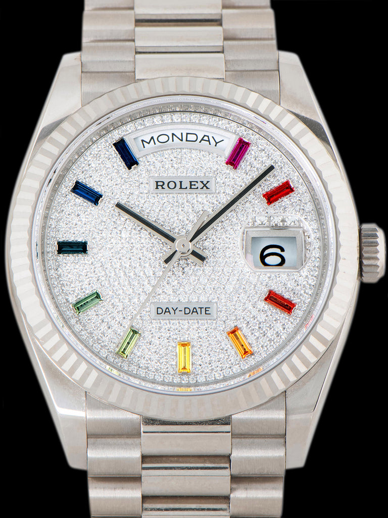 2020 Rolex Day-Date 18K WG (Ref. 128239) Factory Pavé Diamond Dial & Rainbow Sapphire Markers W/ Full Set