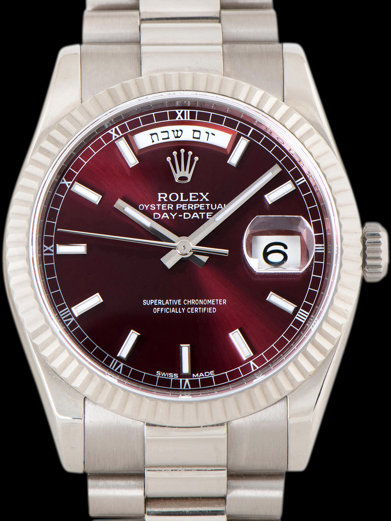2007 Rolex Day-Date 18K WG (Ref. 118239) Cherry Dial W/ Hebrew Day Wheel, Box, Papers, & Recent Rolex Service