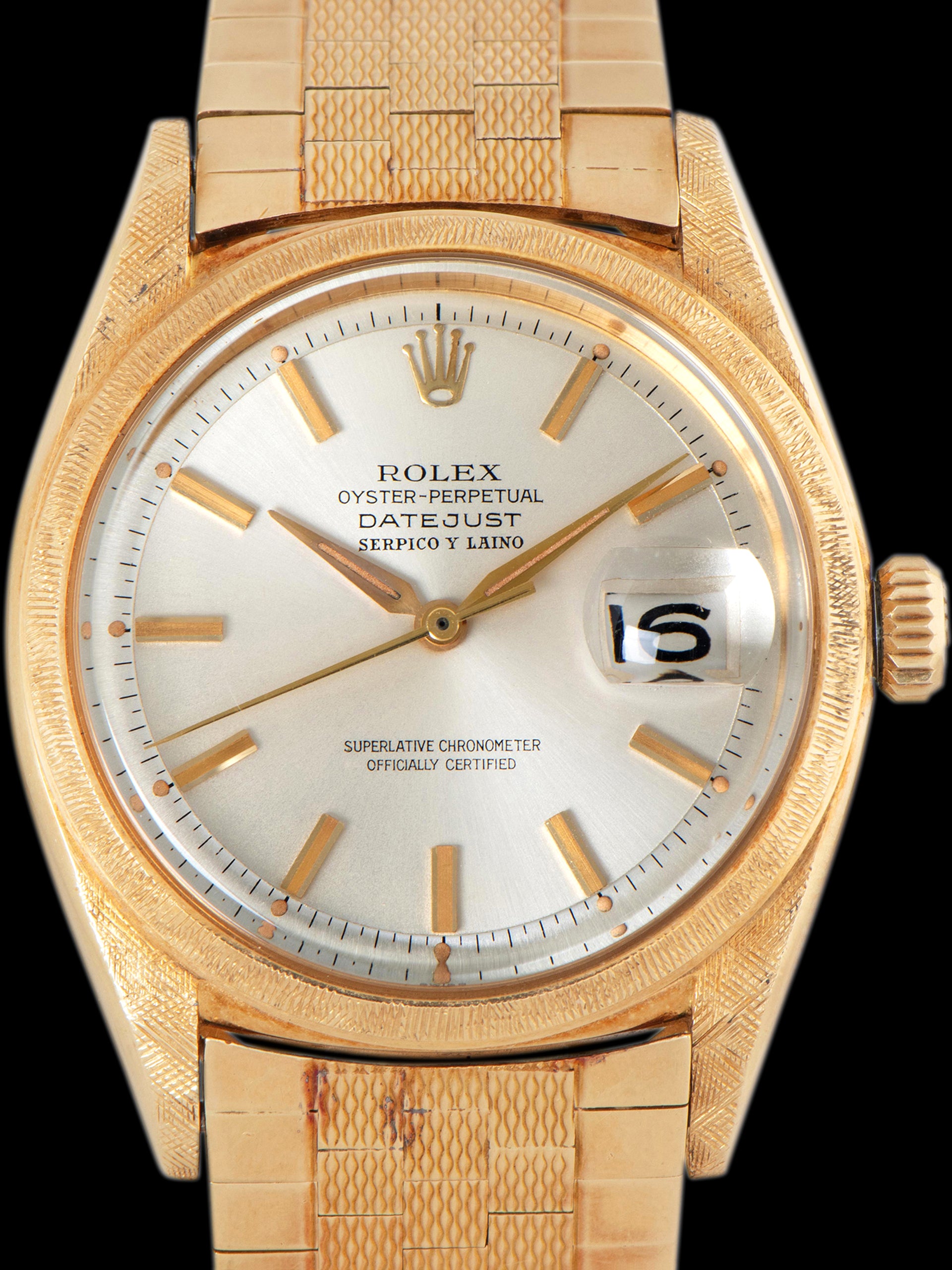 1962 Rolex Datejust 18K YG (Ref. 1602) Florentine Finish W/ Silver "Serpico Y Laino" Dial & Brick-Link Bracelet