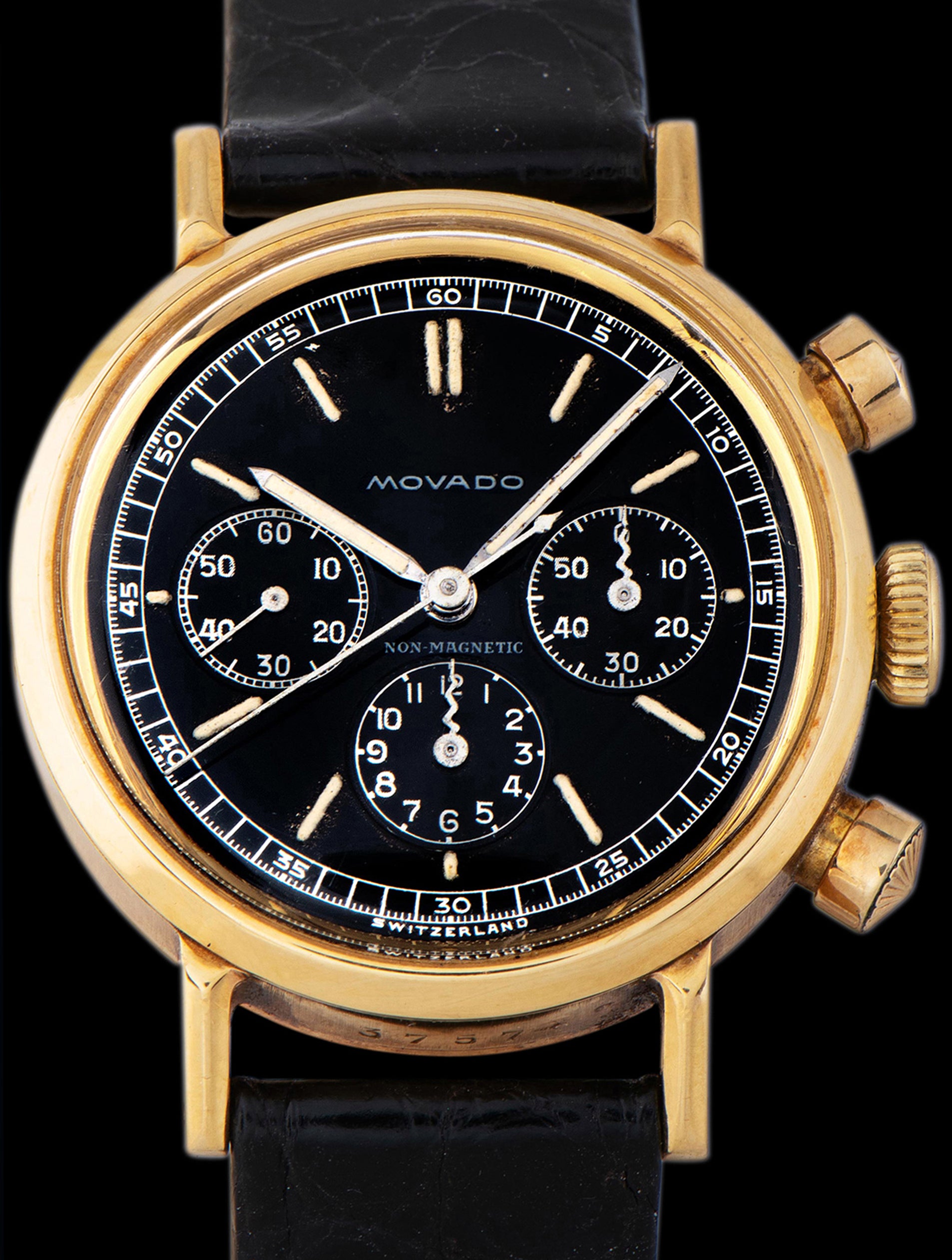1940s Movado M95 Chronograph 18K YG (Ref. 9018) Black Gilt Dial W/ Ornate Pushers