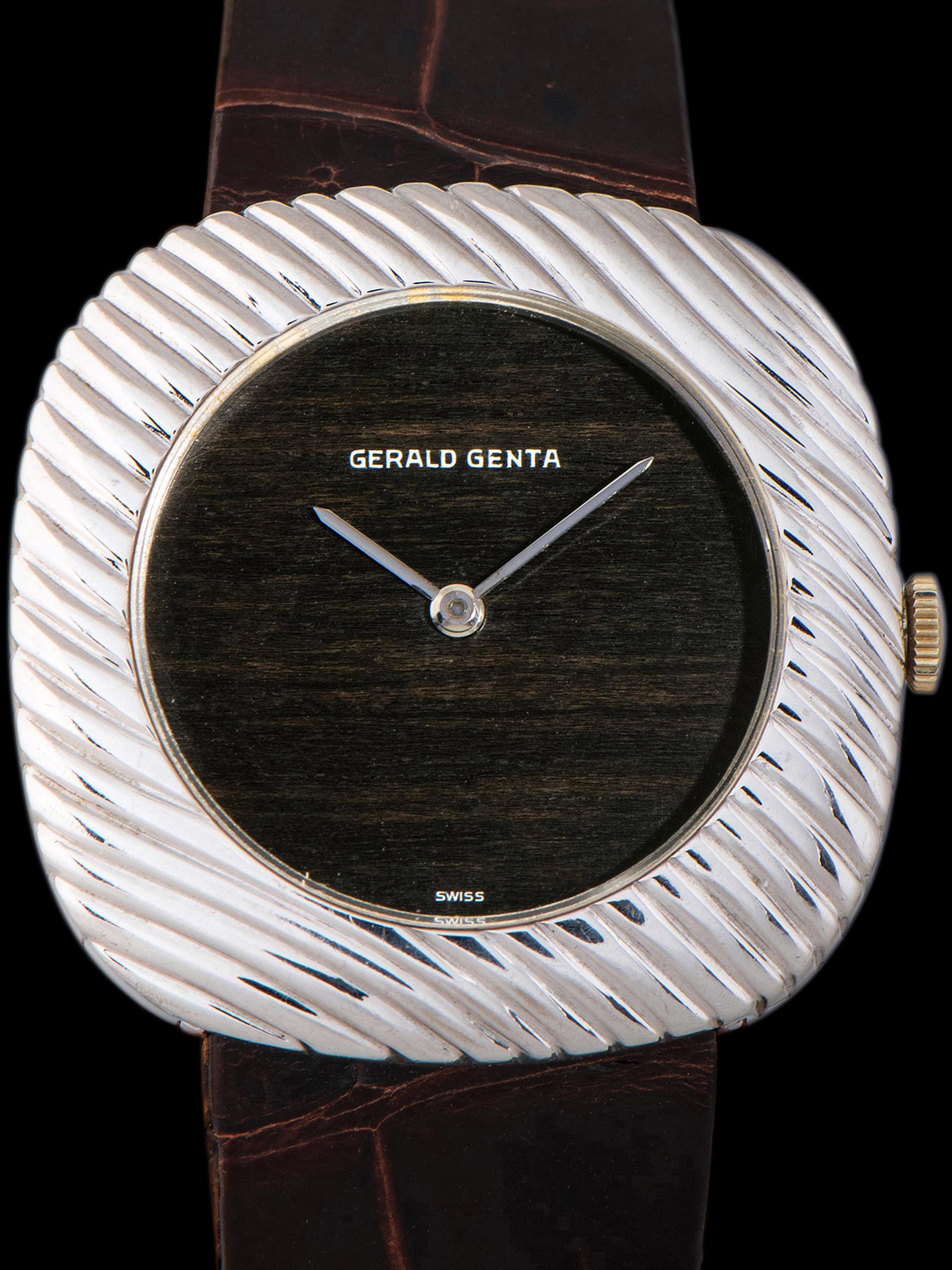 1970s Gerald Genta Dress Watch 18K WG "Piece Unique for Collet Geneve" Ebony Wood Dial W/ Original Retailer Box & Strap