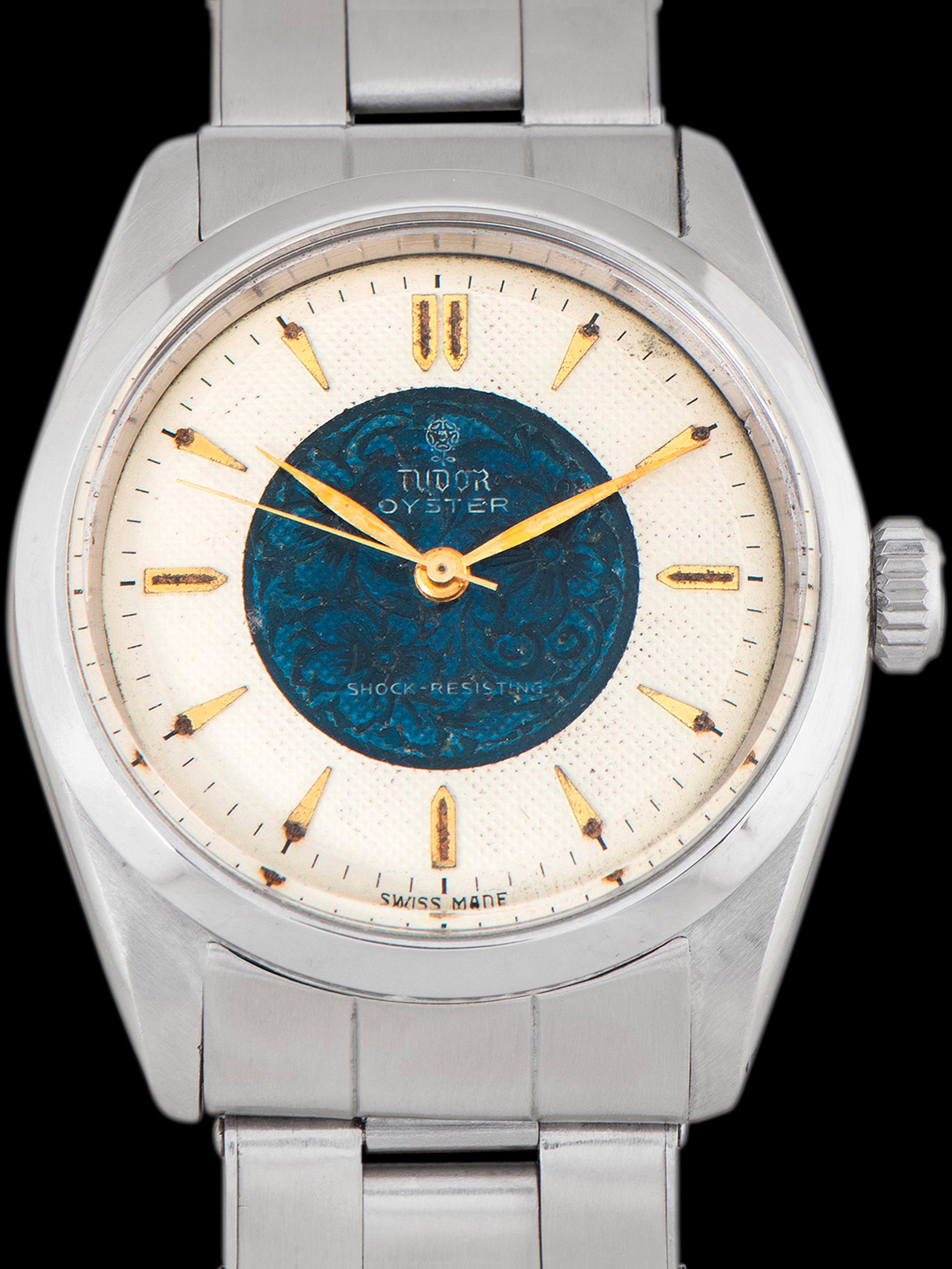 1950s Tudor Oyster (Ref. 7904) Blue Enamel Engraved Floral Motif Dial