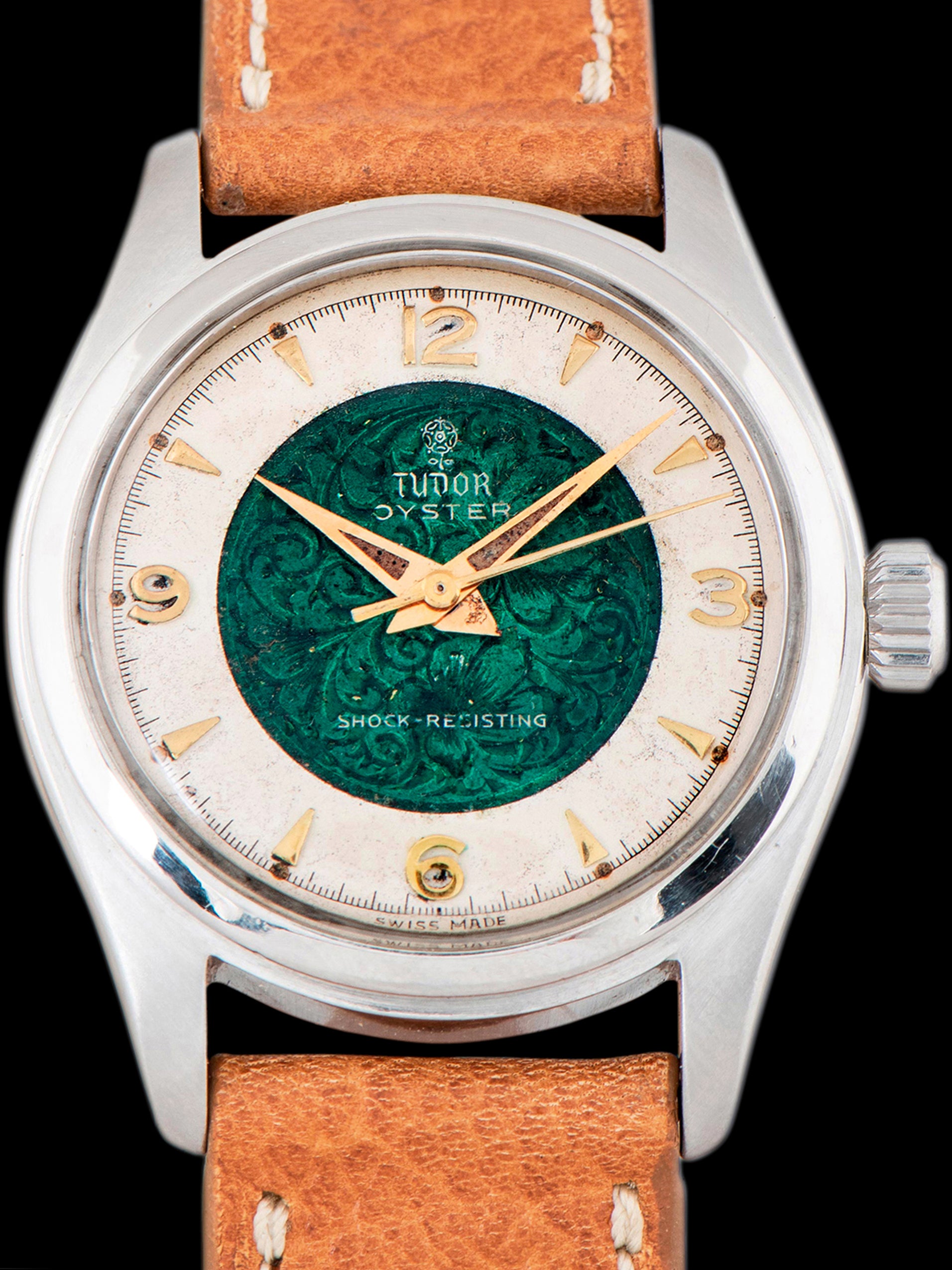1950s Tudor Oyster (Ref. 7803) Green Enamel Engraved Floral Motif Dial