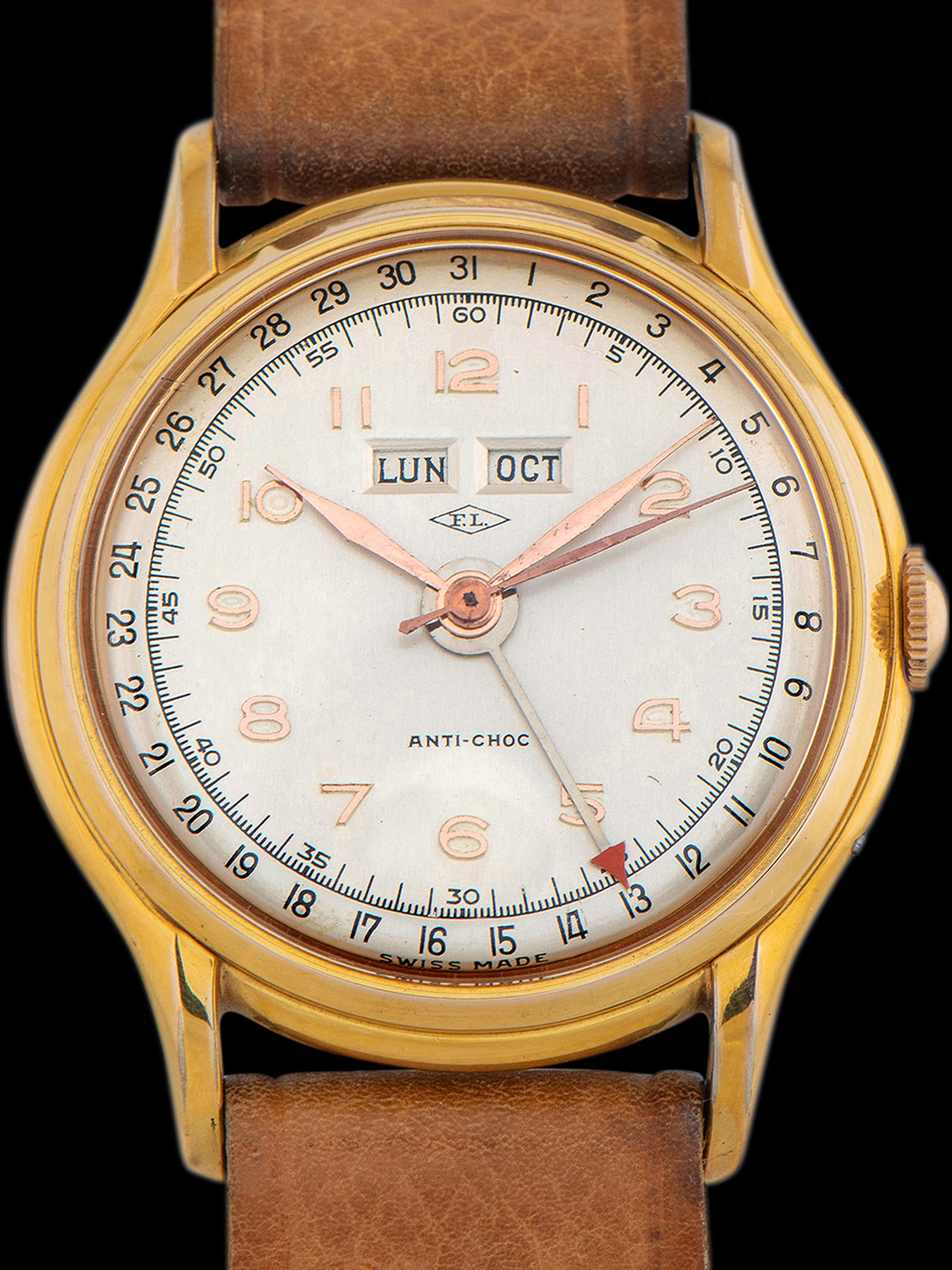 *Mint* 1950s F.L. Triple Calendar Dress Watch Gold-Plated 'Cal. AS1380'