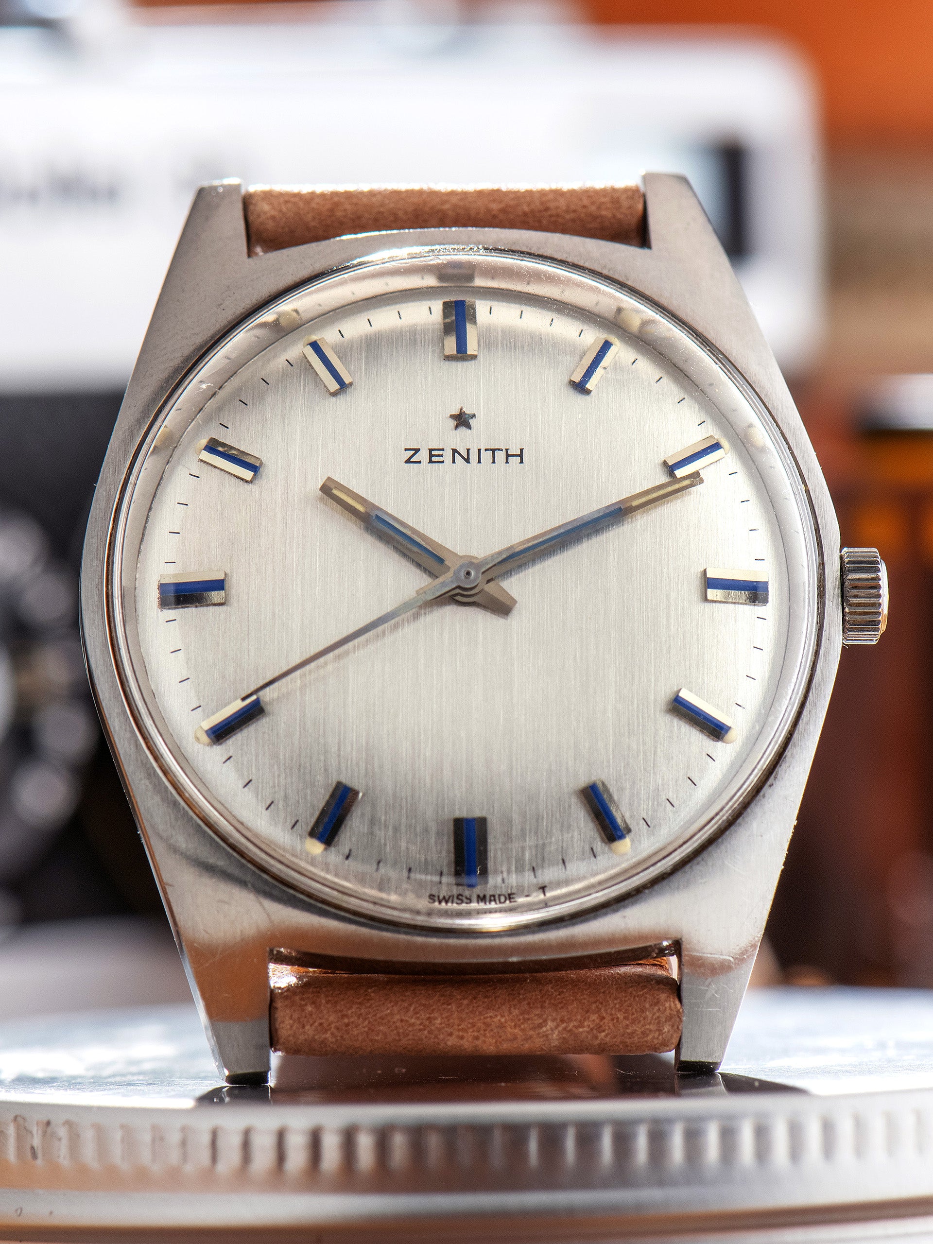 1960s Zenith Stainless Steel Dress Watch W/ Blue Enamel Markers Hand