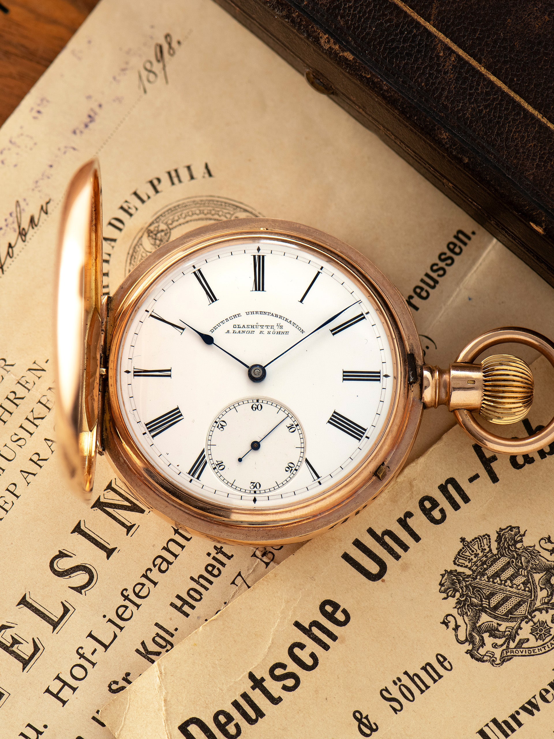 1898 A. Lange & Söhne Lange Pocket Watch 14K RG W/ Box, Papers, Sales Receipt, & Extract From The Archives