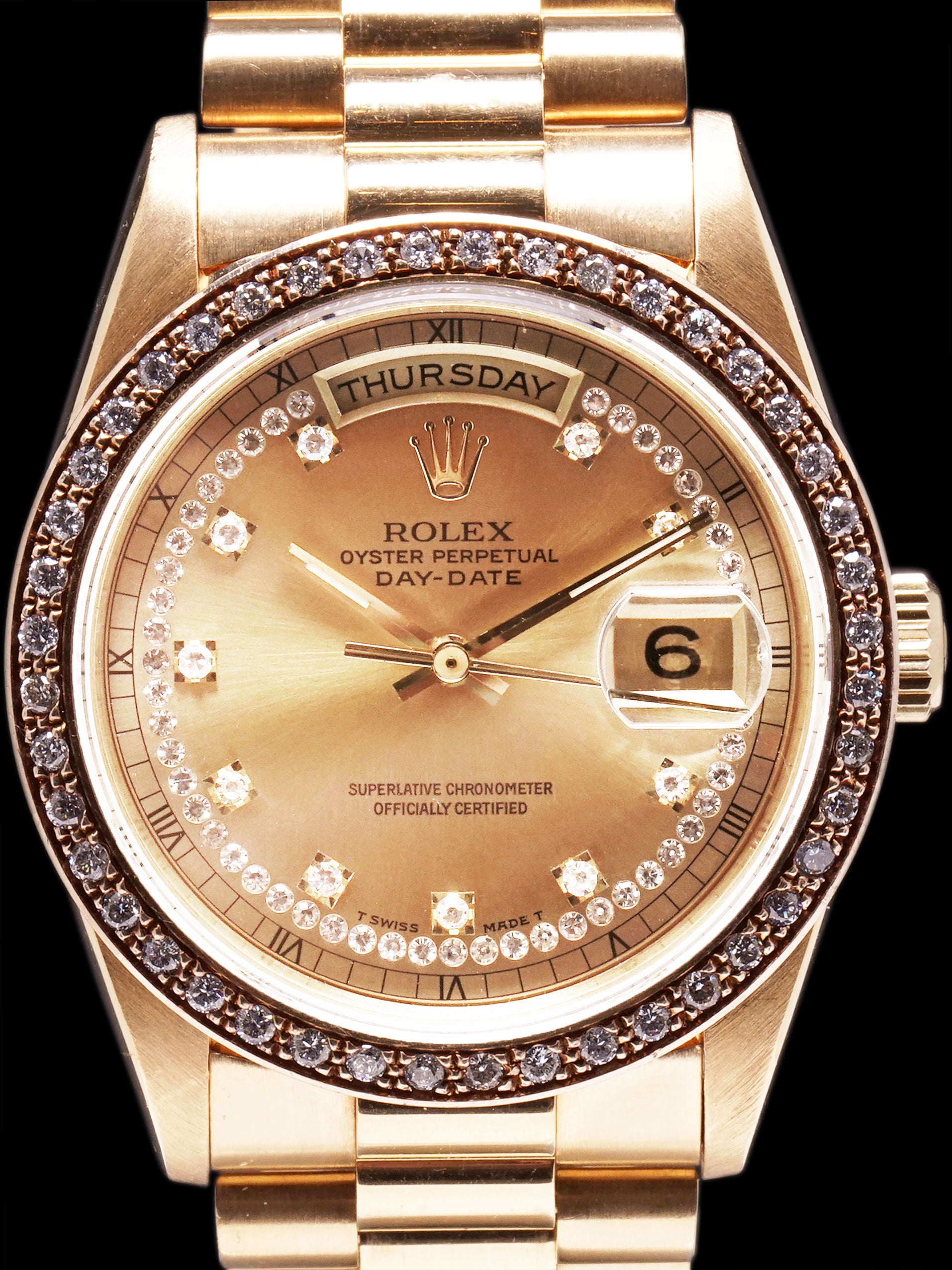 1989 Rolex Day-Date 18k YG (Ref. 18348) String Dial W/ Factory Diamond Bezel W/ Box & Papers