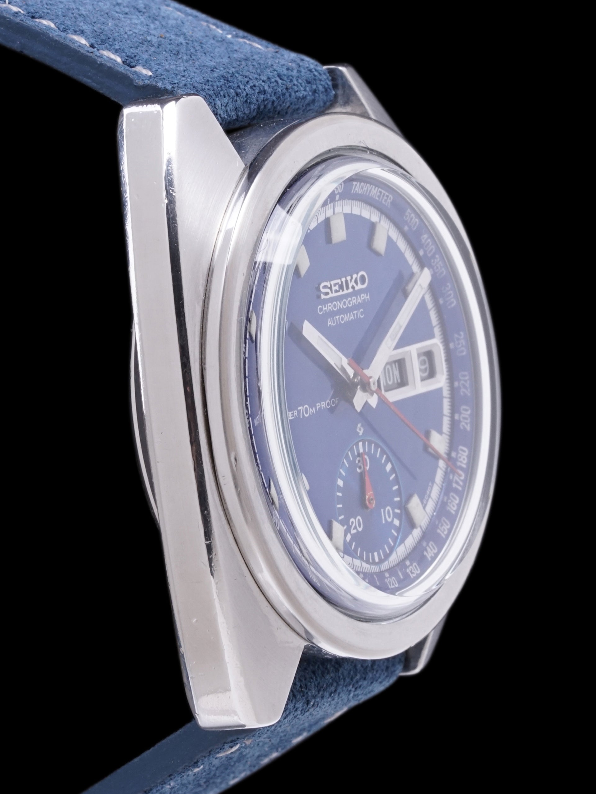Seiko 6139-6010, Blue Dial. Documented specimen has a partially repaired minute hand. Photo: Craft + Tailored. · Photo: Craft + Tailored · © Craft + Tailored, used with permission · Source: https://www.craftandtailored.com/products/1969-seiko-chronograph-ref-6139-6010