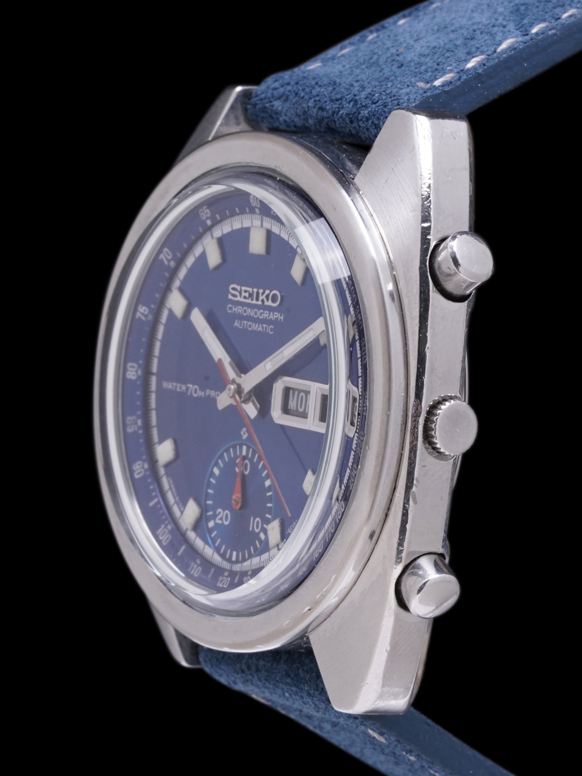 Seiko 6139-6010, Blue Dial. Documented specimen has a partially repaired minute hand. Photo: Craft + Tailored. · Photo: Craft + Tailored · © Craft + Tailored, used with permission · Source: https://www.craftandtailored.com/products/1969-seiko-chronograph-ref-6139-6010